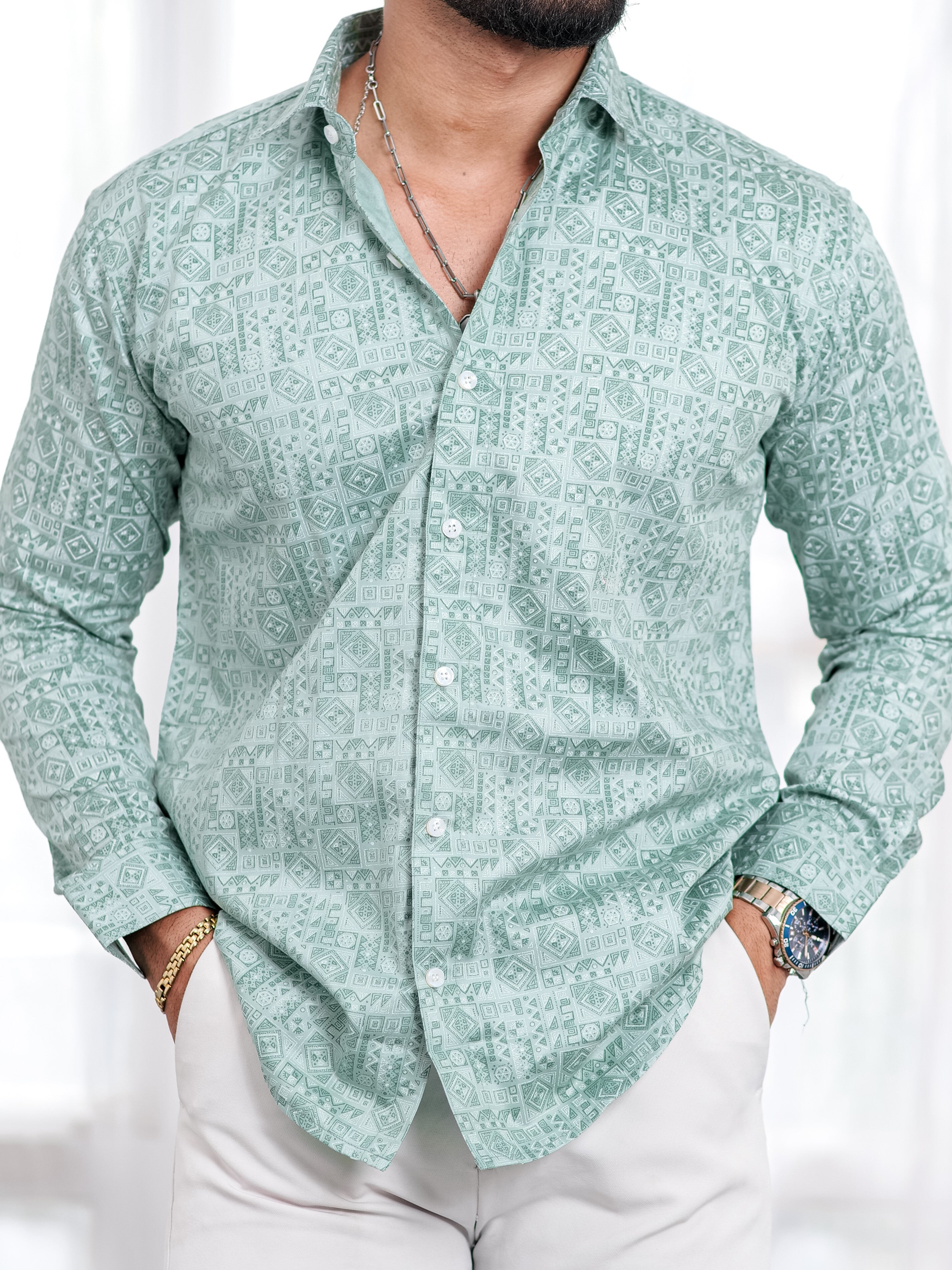 Green Satin Print Premium Shirt