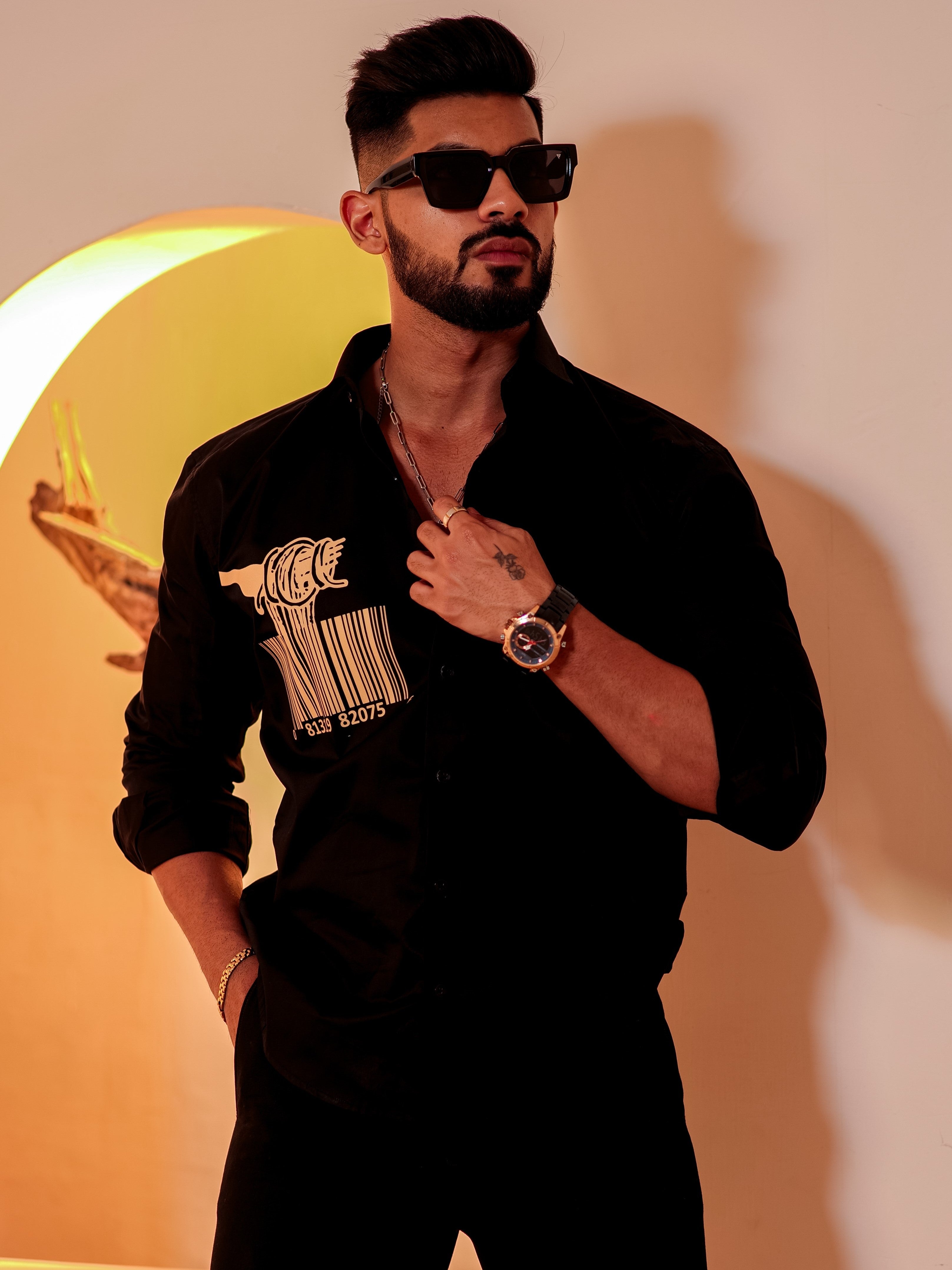 Black Club Wear Printed Satin Cotton Shirt