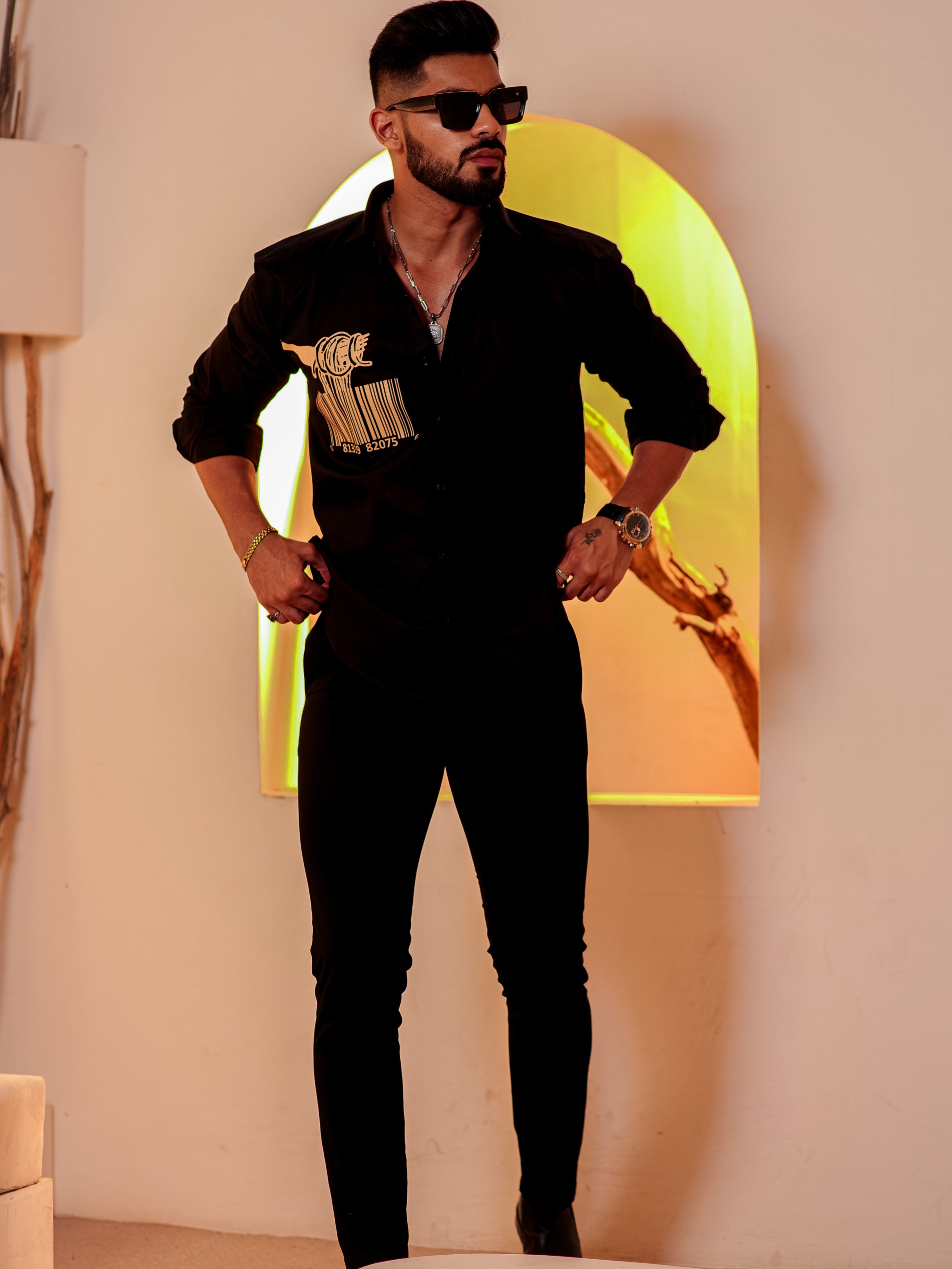 Black Club Wear Printed Satin Cotton Shirt