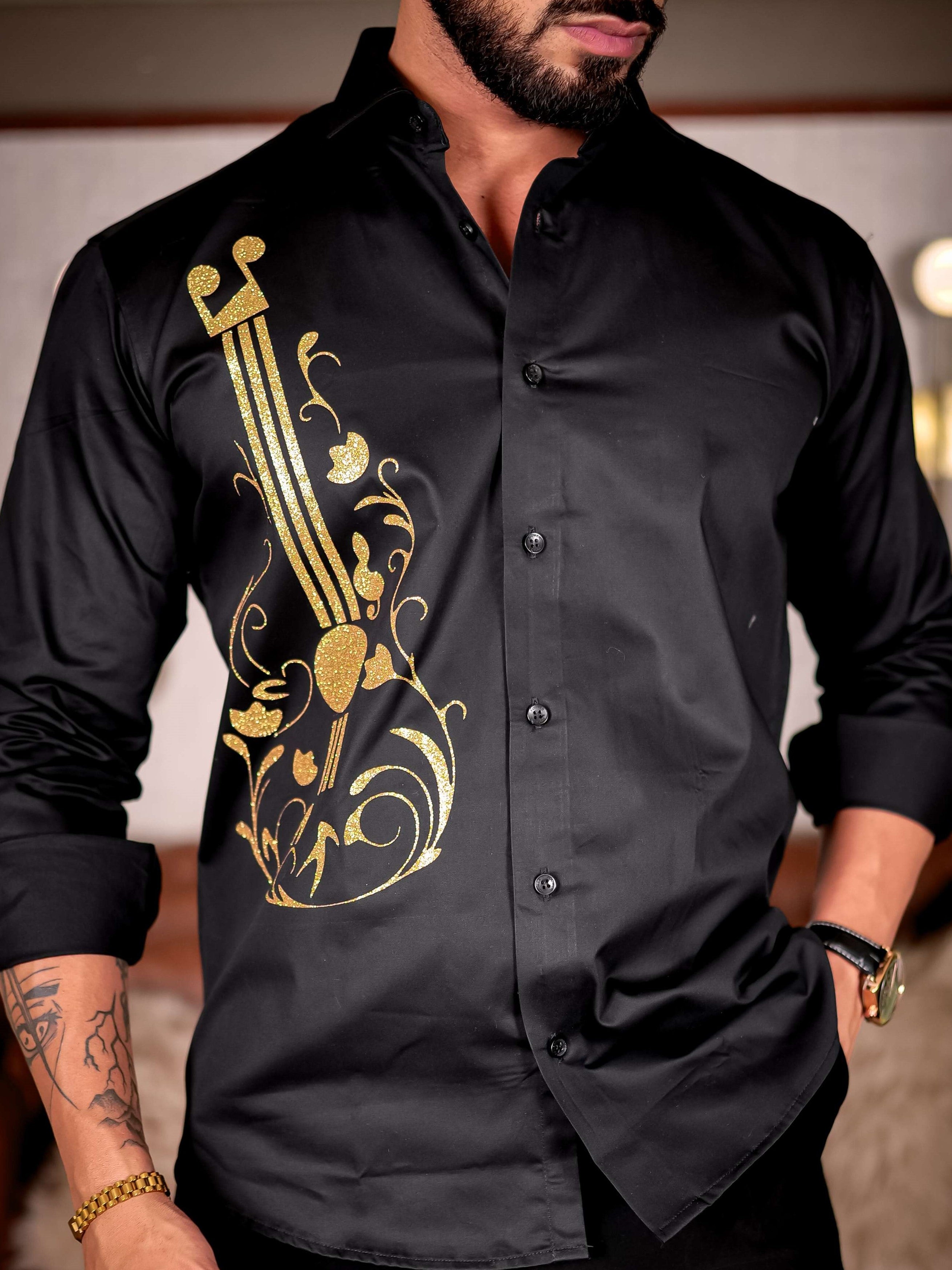 Guitar Black Club Wear Printed Satin Cotton Shirt