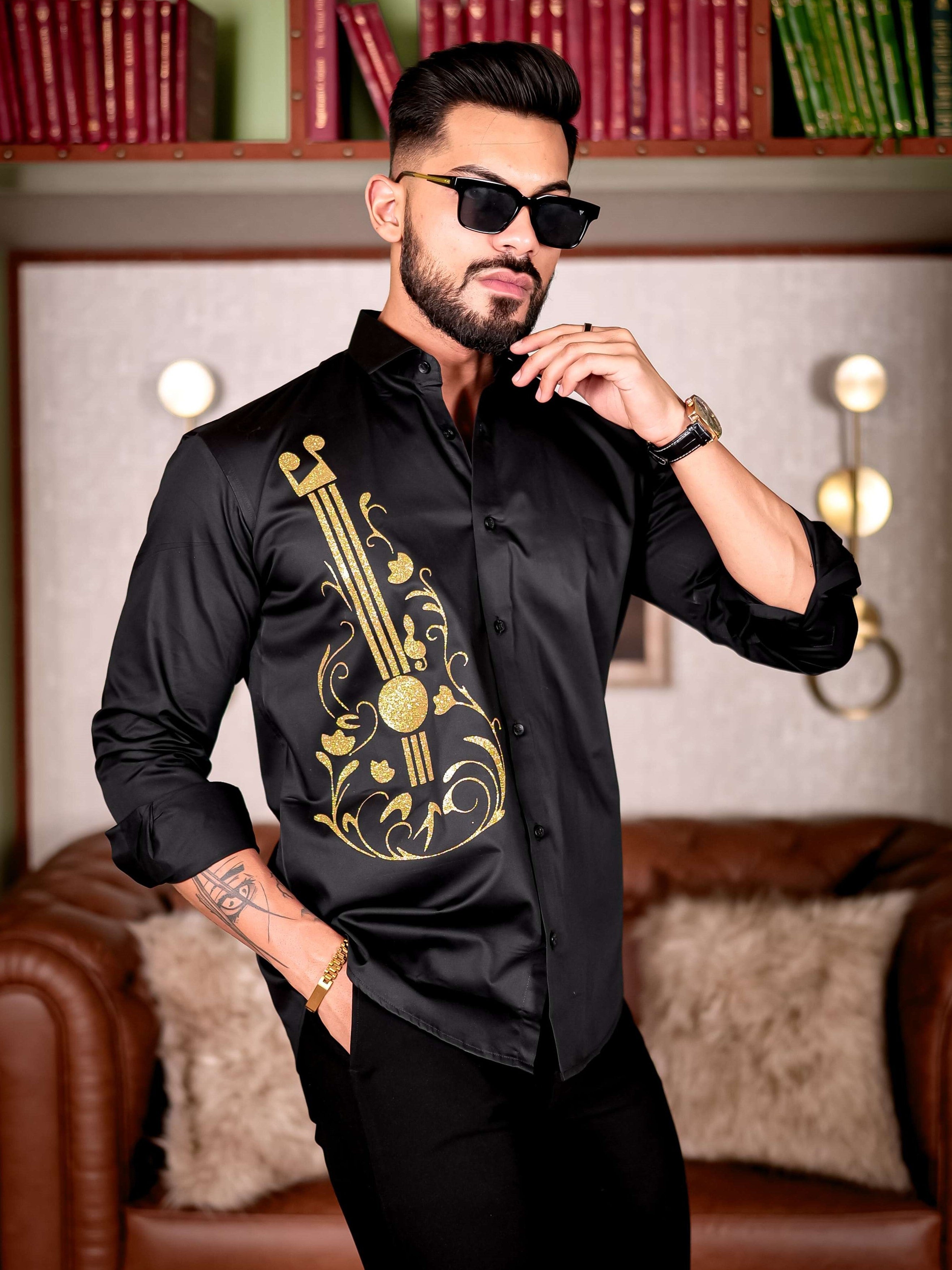 Guitar Black Club Wear Printed Satin Cotton Shirt