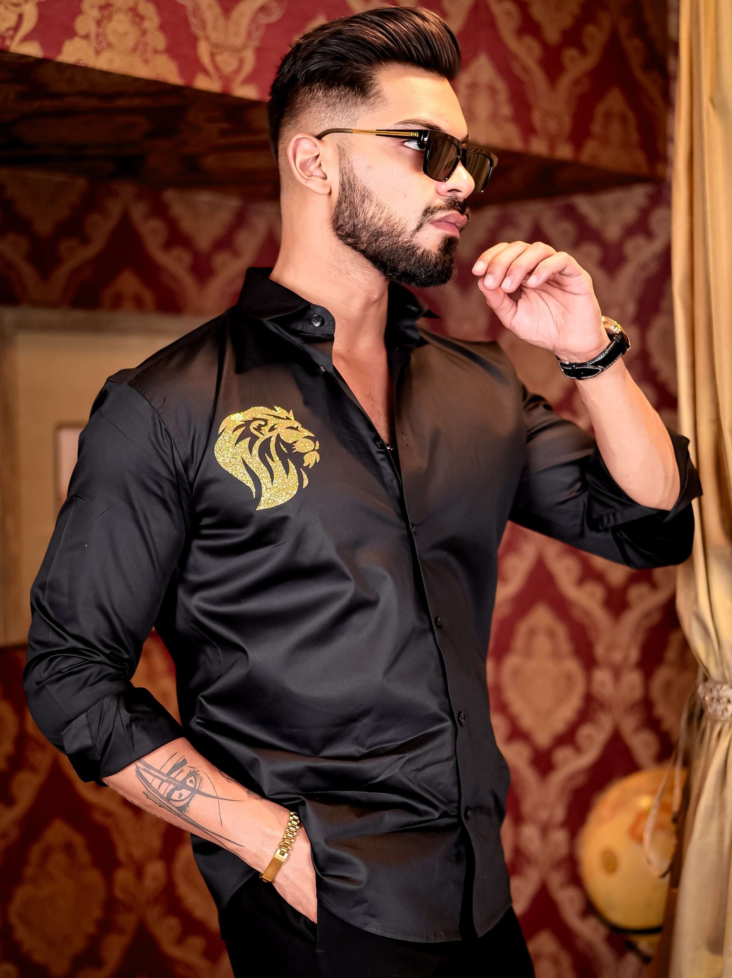 Black Club Wear Lion Printed Satin Cotton Shirt