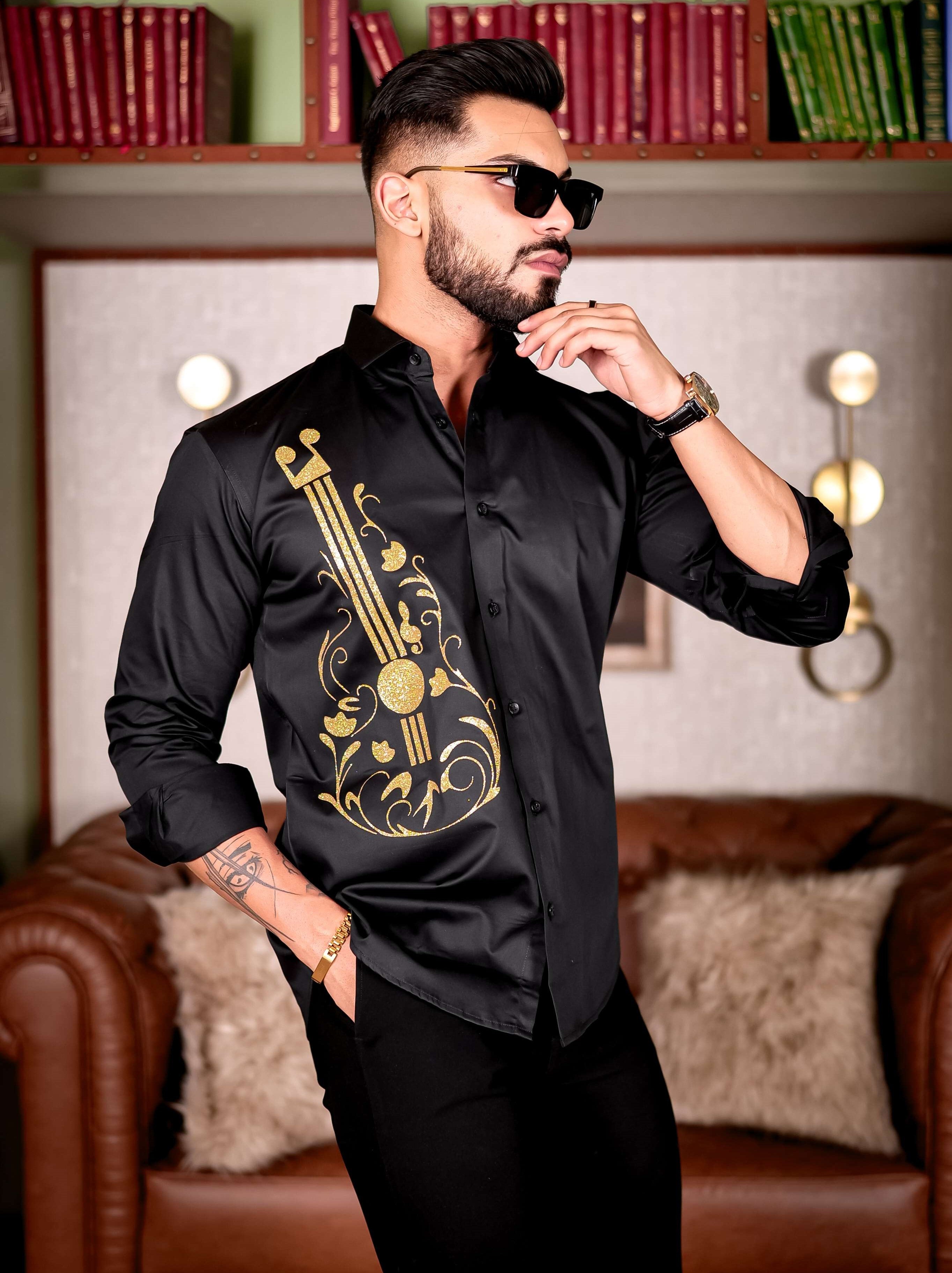 Guitar Black Club Wear Printed Satin Cotton Shirt