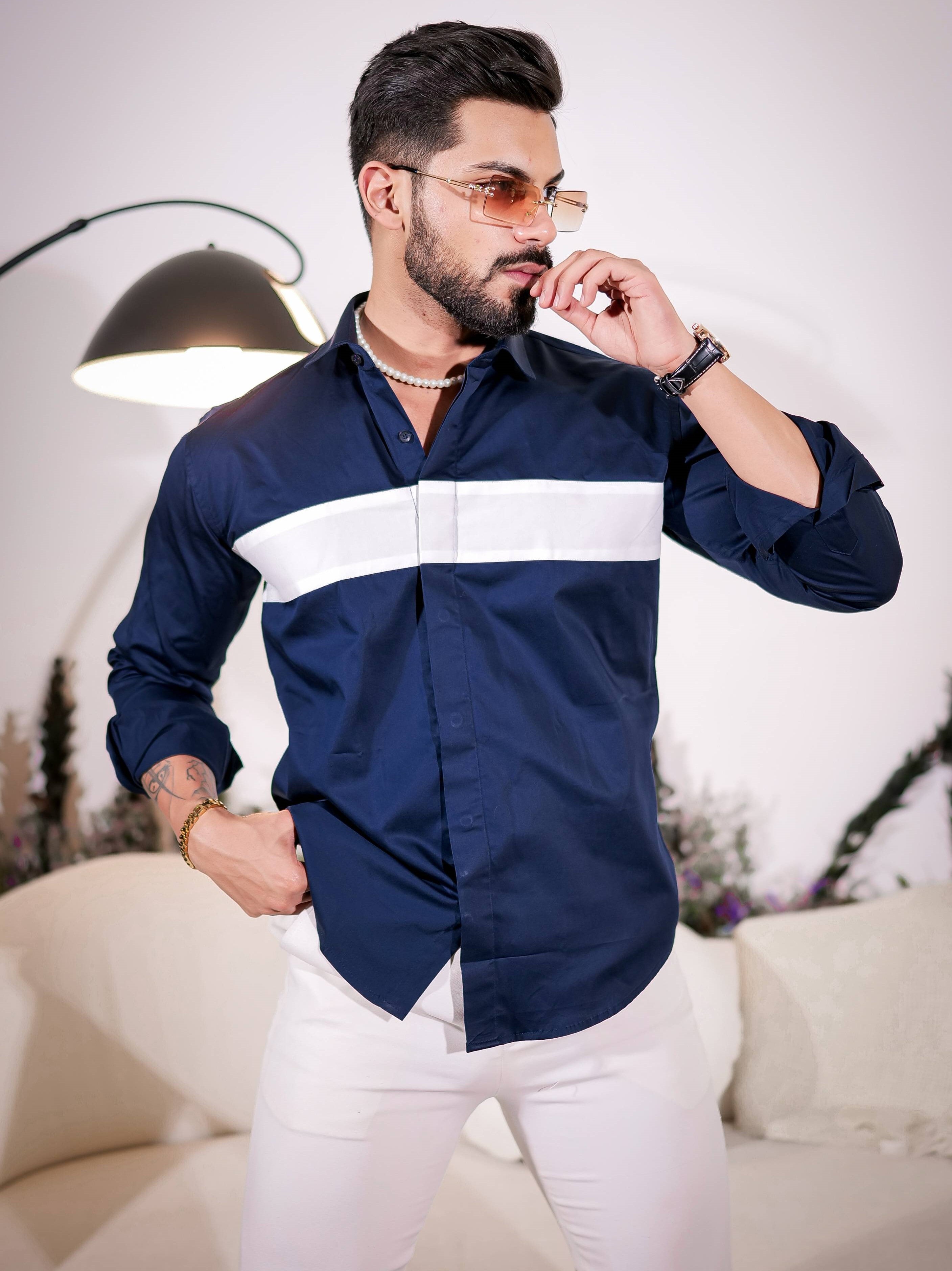 Navy Designer Club Wear Cut n Sew Satin Cotton Shirt