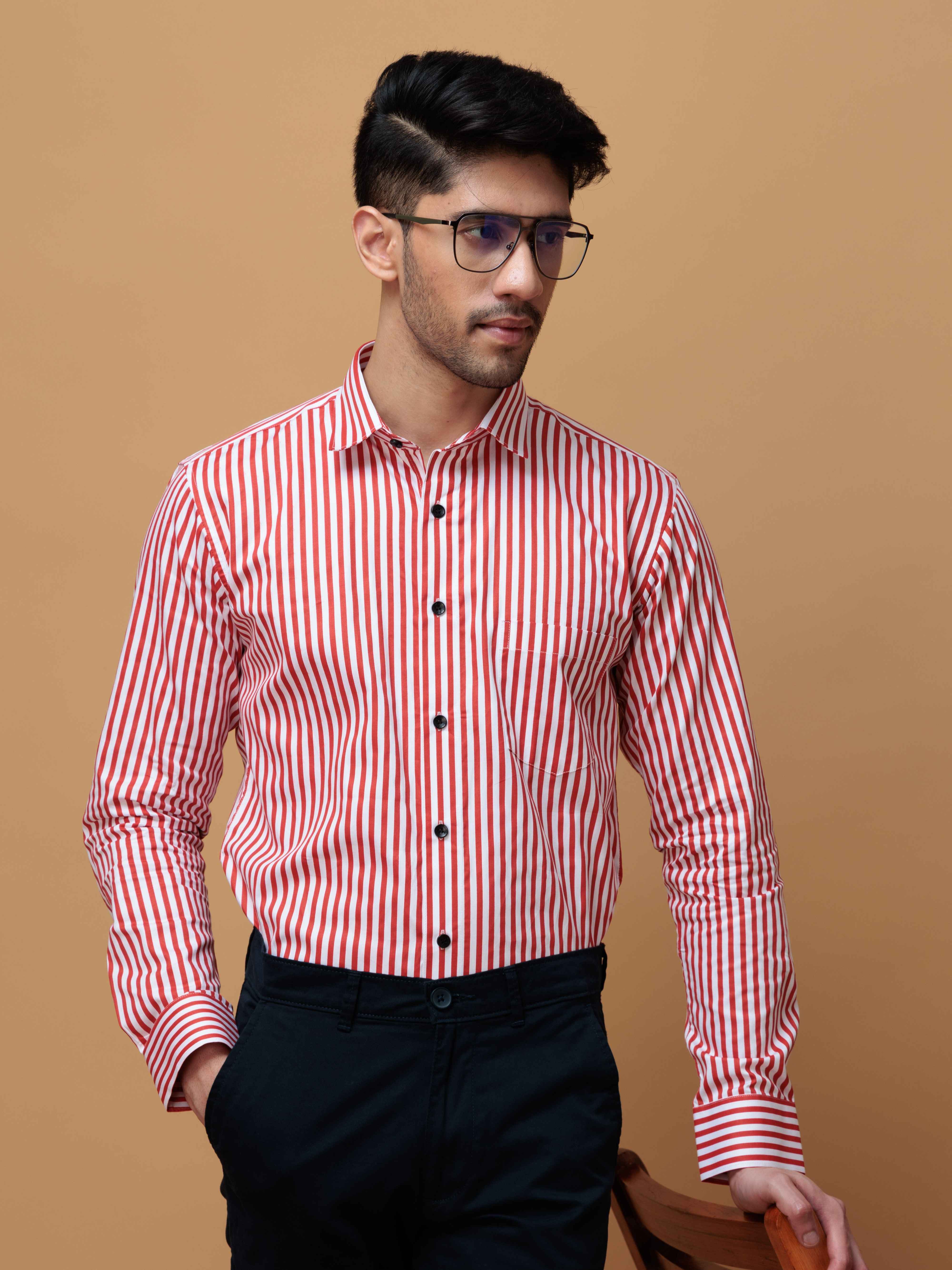 RED STRIPED COTTON REGULAR FIT MEN'S CASUAL SHIRT FOR MEN'S