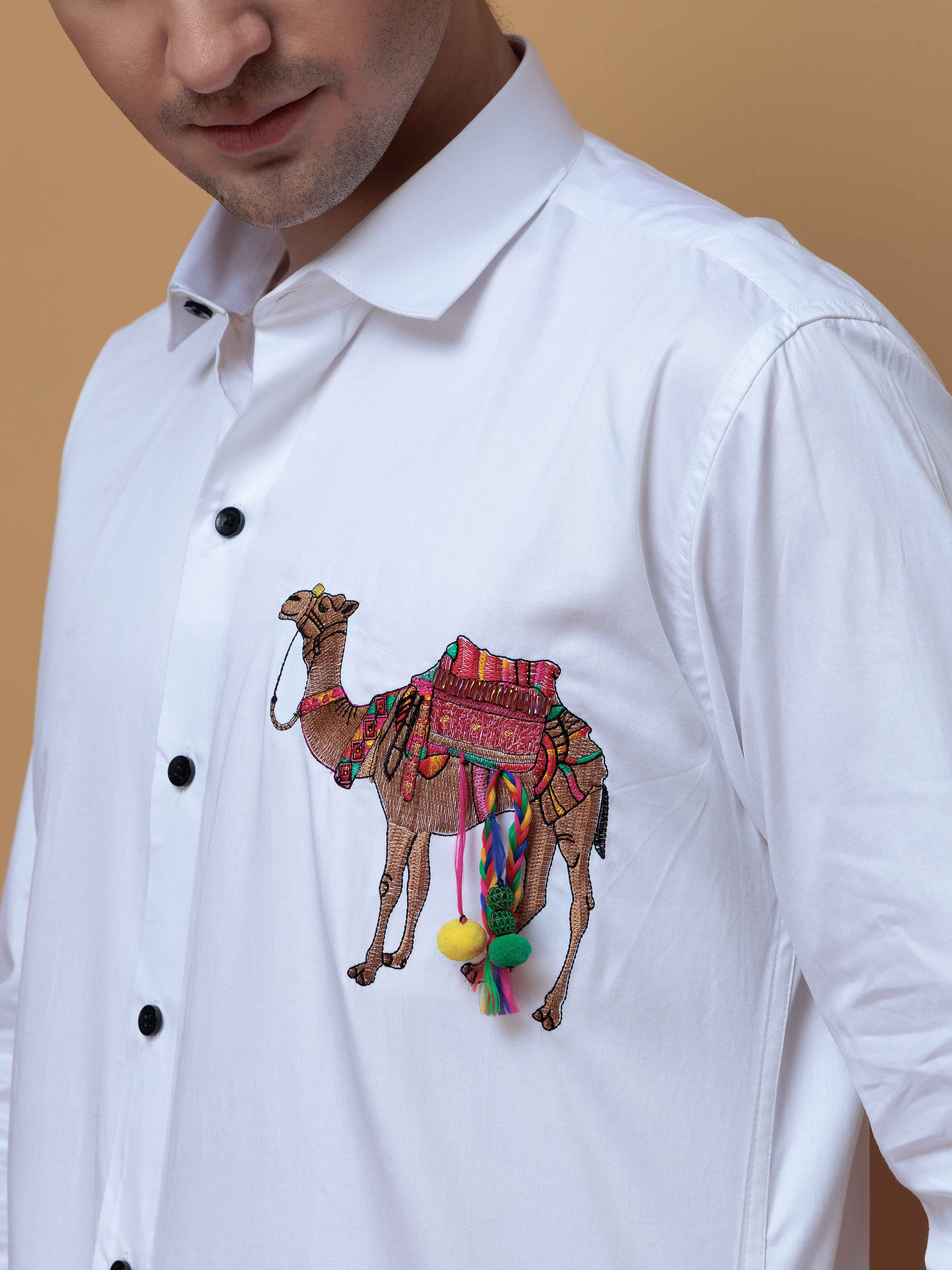 WHITE CAMEL EMBROIDERED DESIGNER SATIN COTTON SHIRT FOR MEN'S