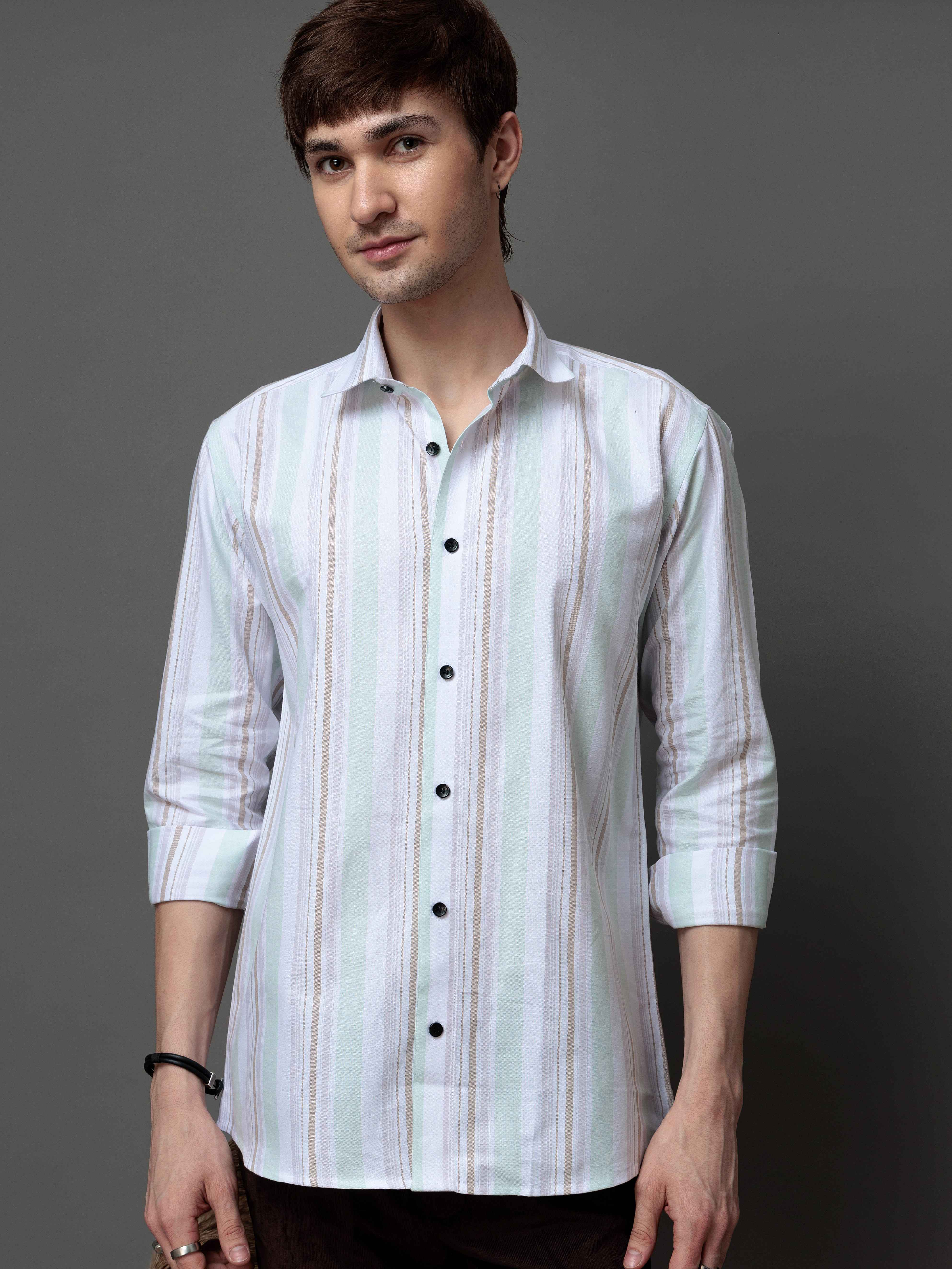 GREEN MULTI STRIPES COTTON REGULAR FIT MEN'S CASUAL SHIRT FOR MEN'S
