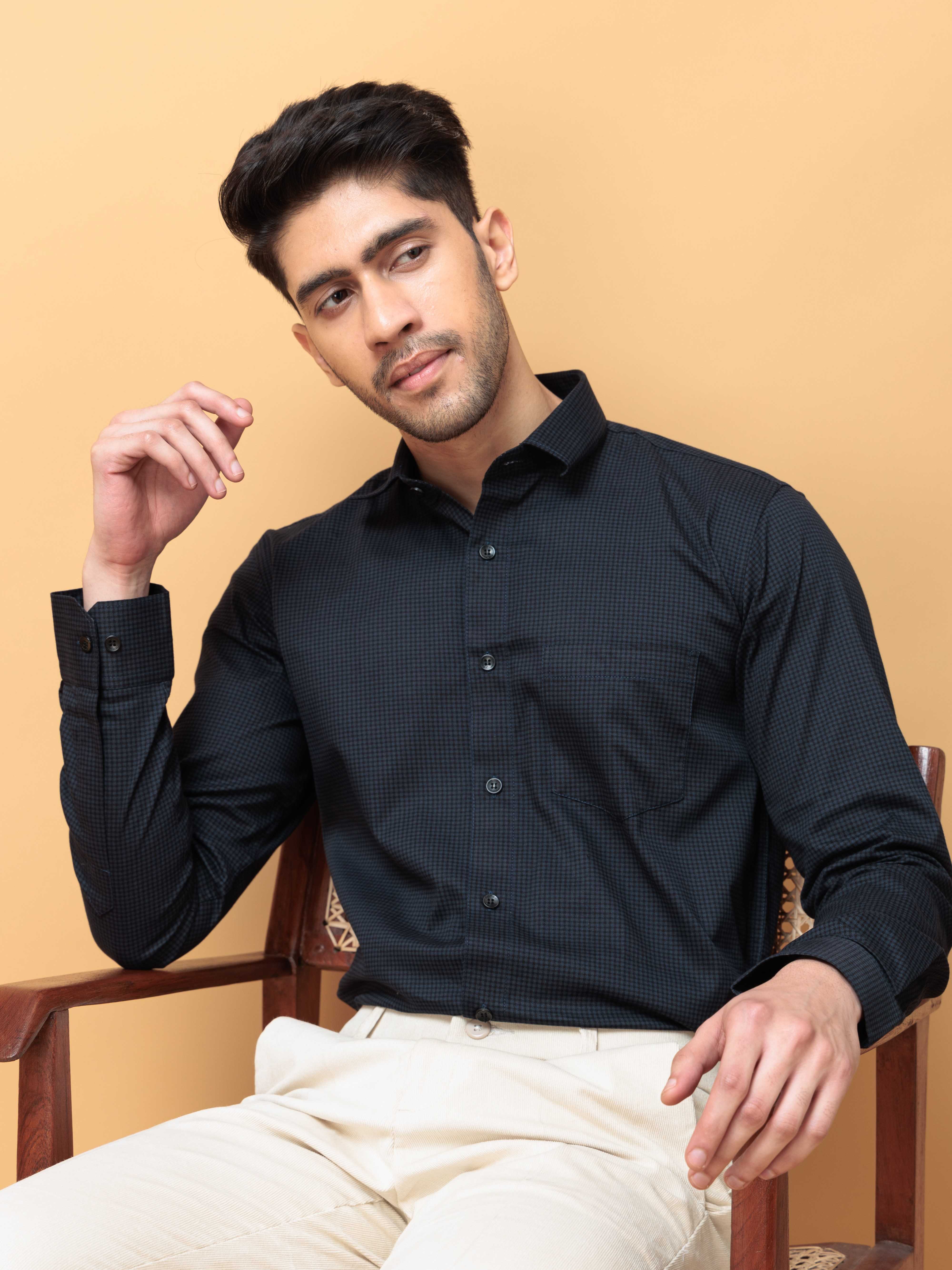 FOOMER NAVY MINI CHECKED COTTON CASUAL SHIRT FOE MEN'S