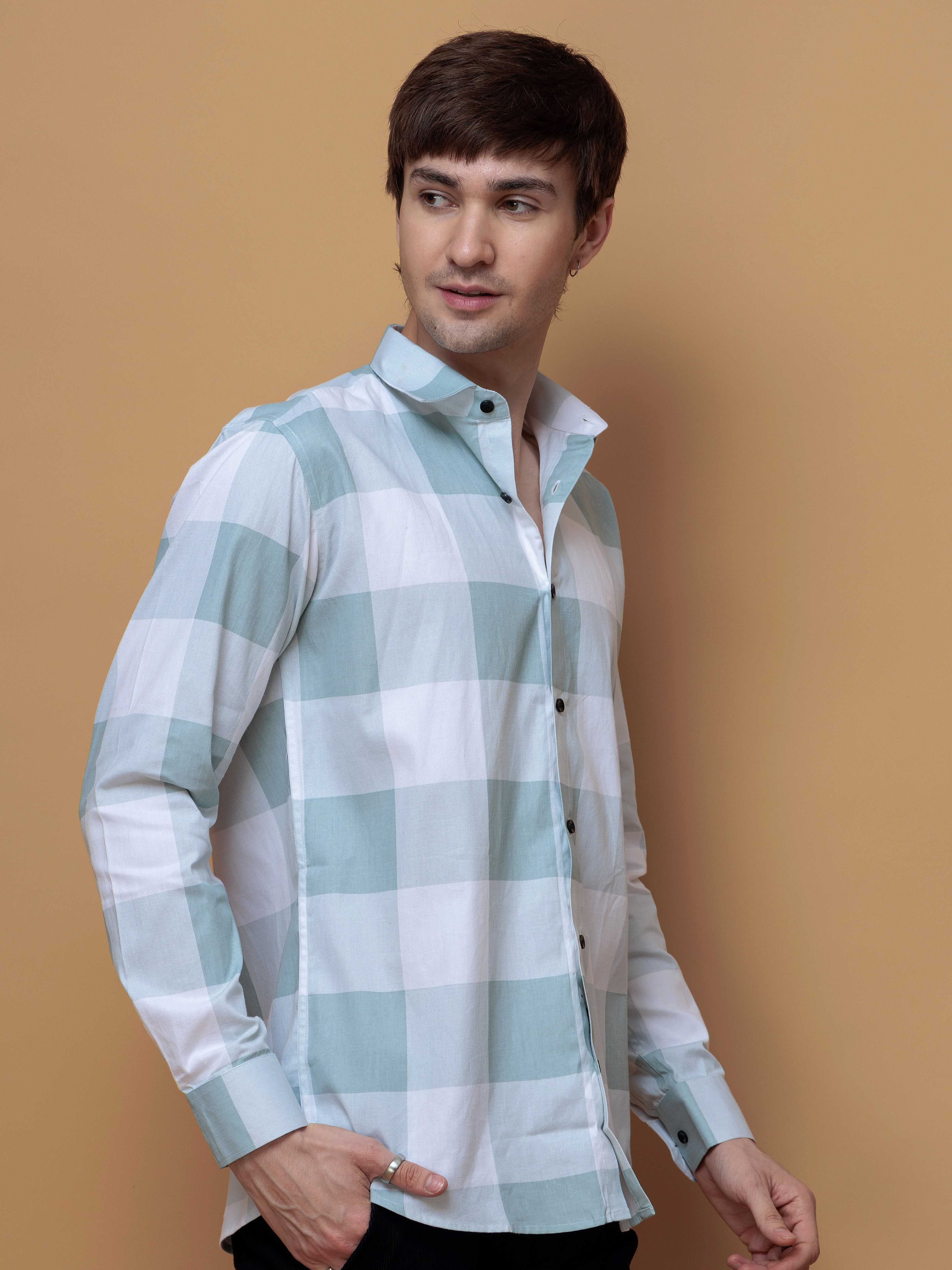 FOOMER GREEN CHECKS COTTON CASUAL SHIRT FOR MEN'S