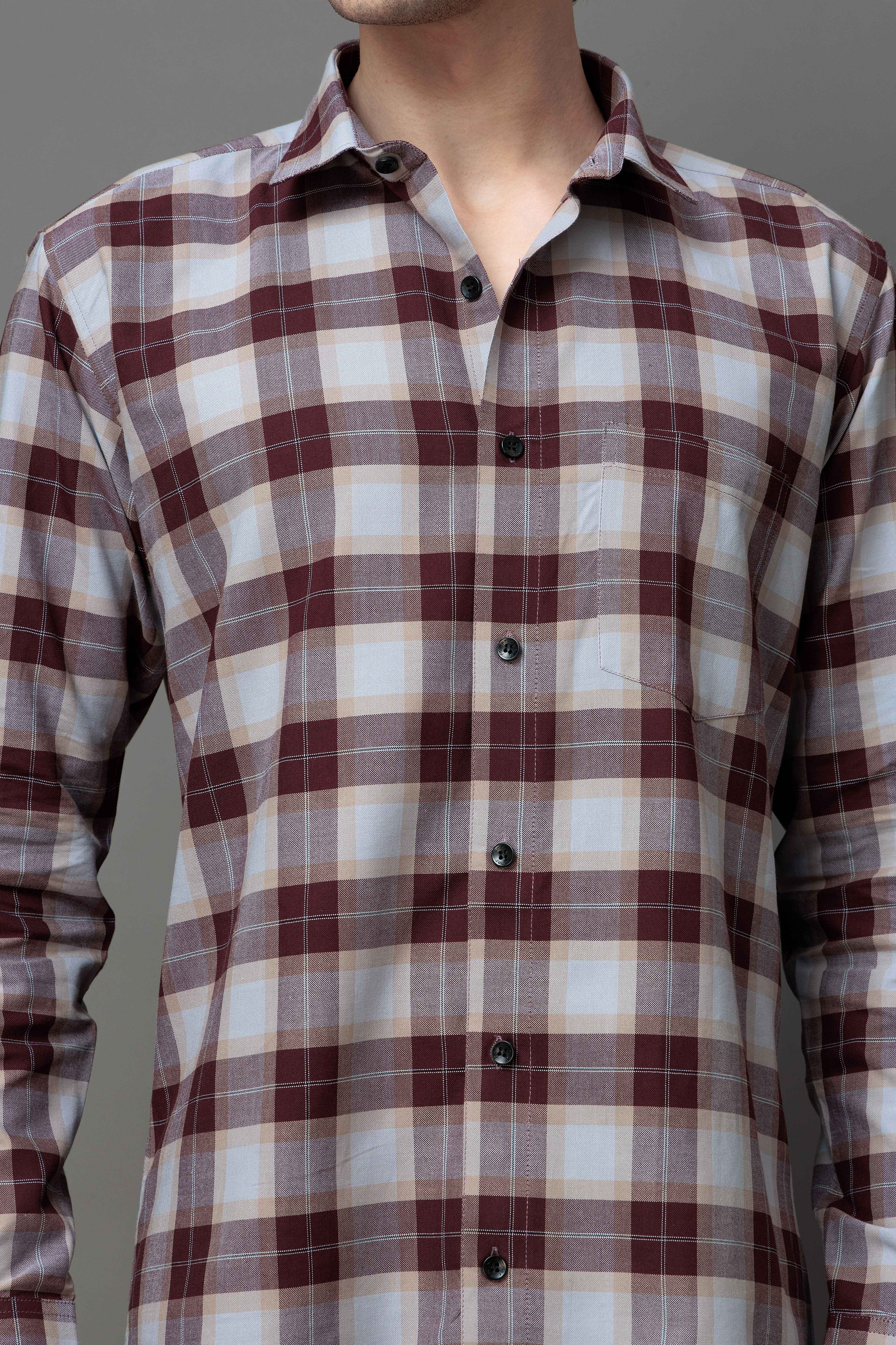 SQUARE WINE CHECKED COTTON CASUAL SHIRT FOR MEN'S