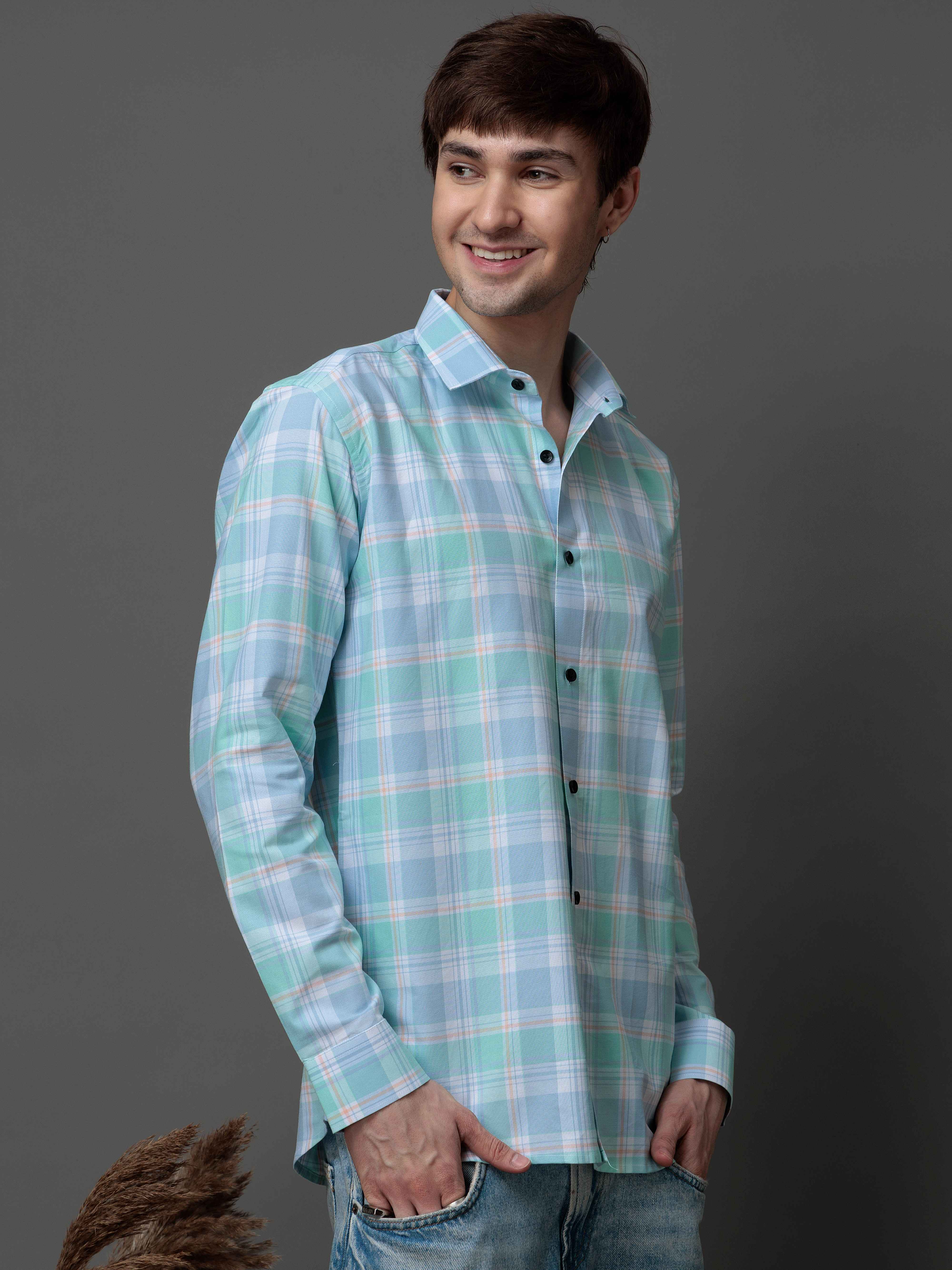BOX CYAN CHECKED COTTON CASUAL SHIRT FOR MEN'S