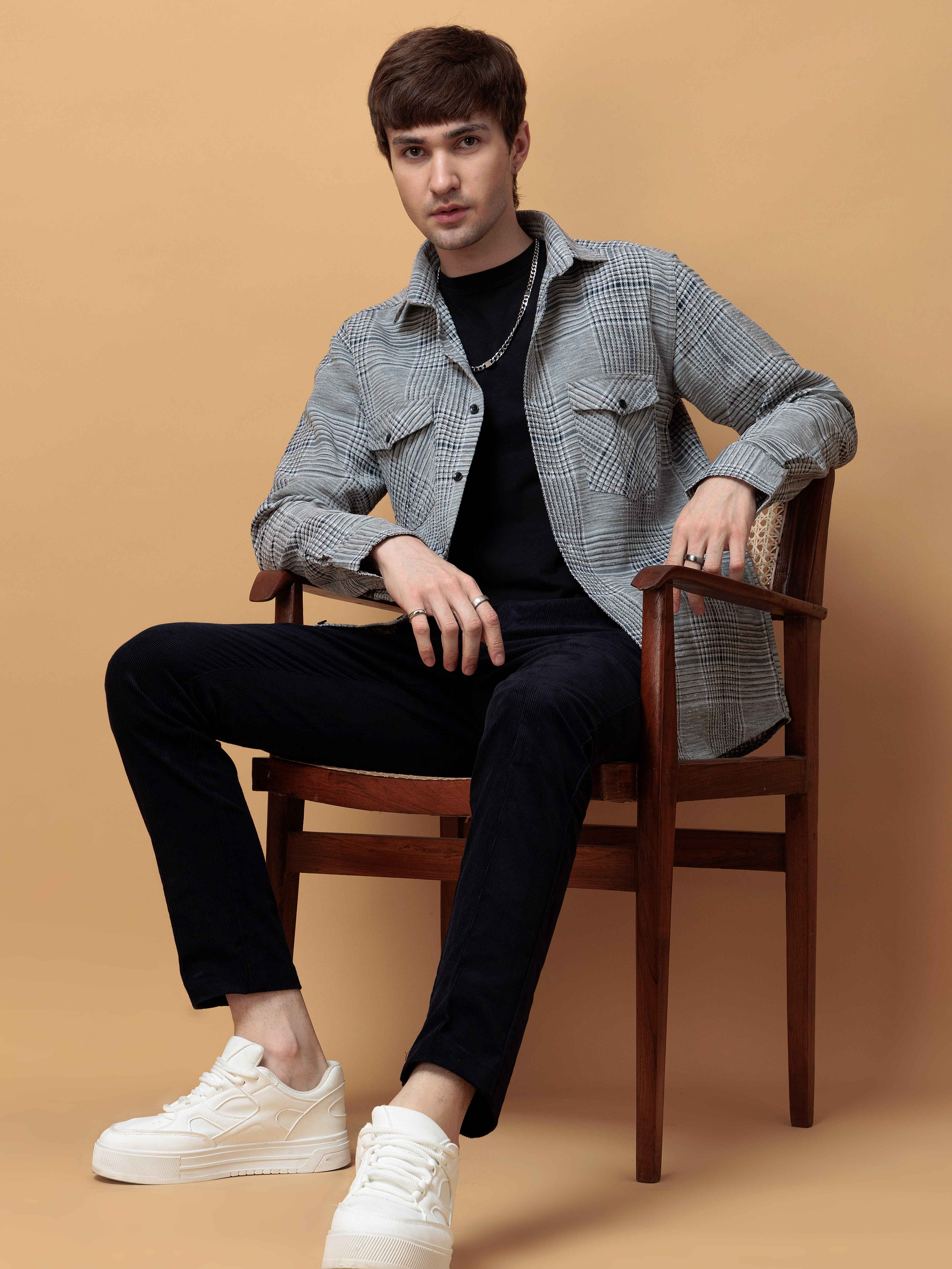 FOOMER GREY GLEN CHECKED CASUAL SHIRT FOR MEN'S