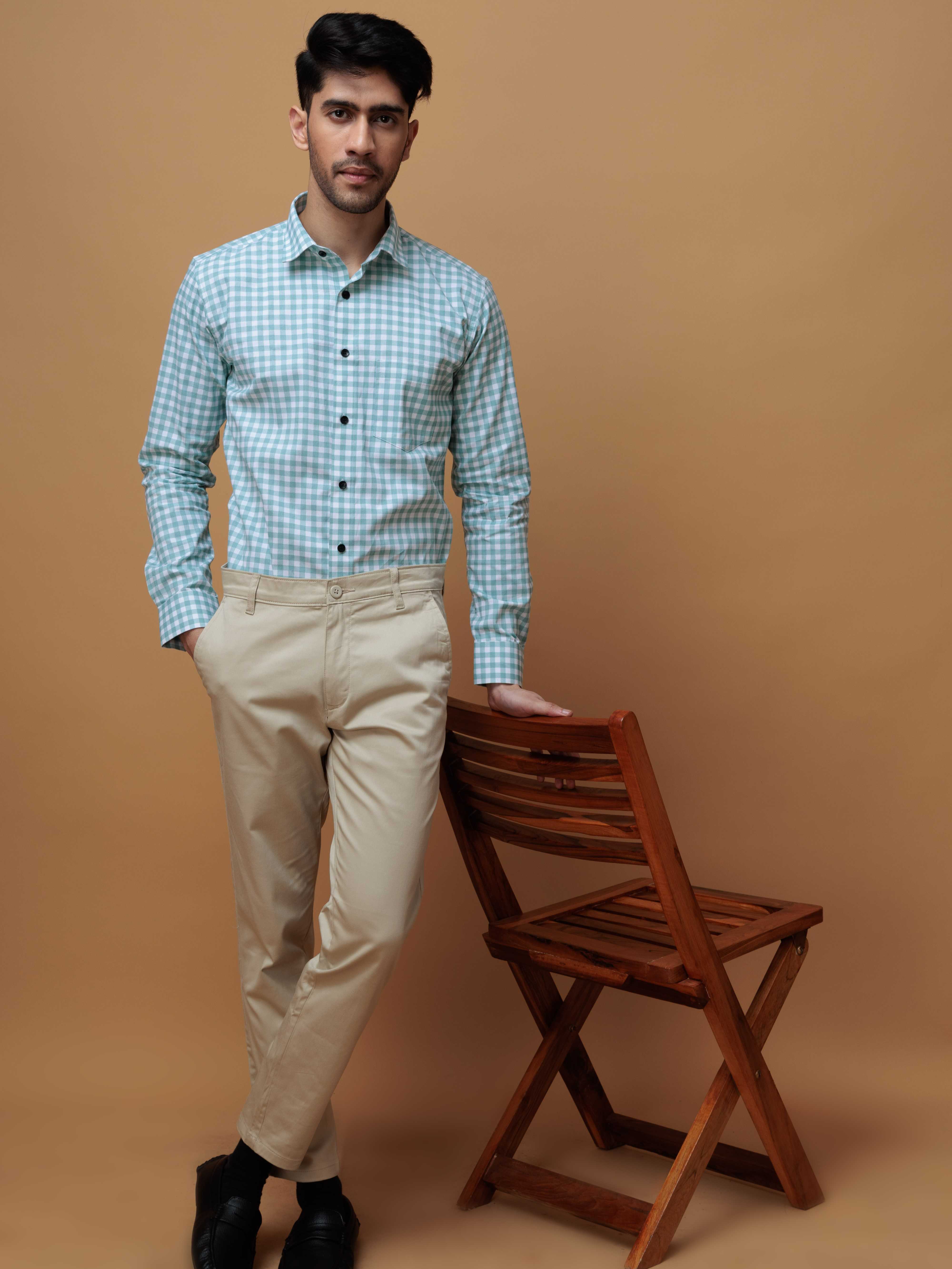 CYAN CHECKS PRINTED COTTON CASUAL SHIRT FOR MEN'S