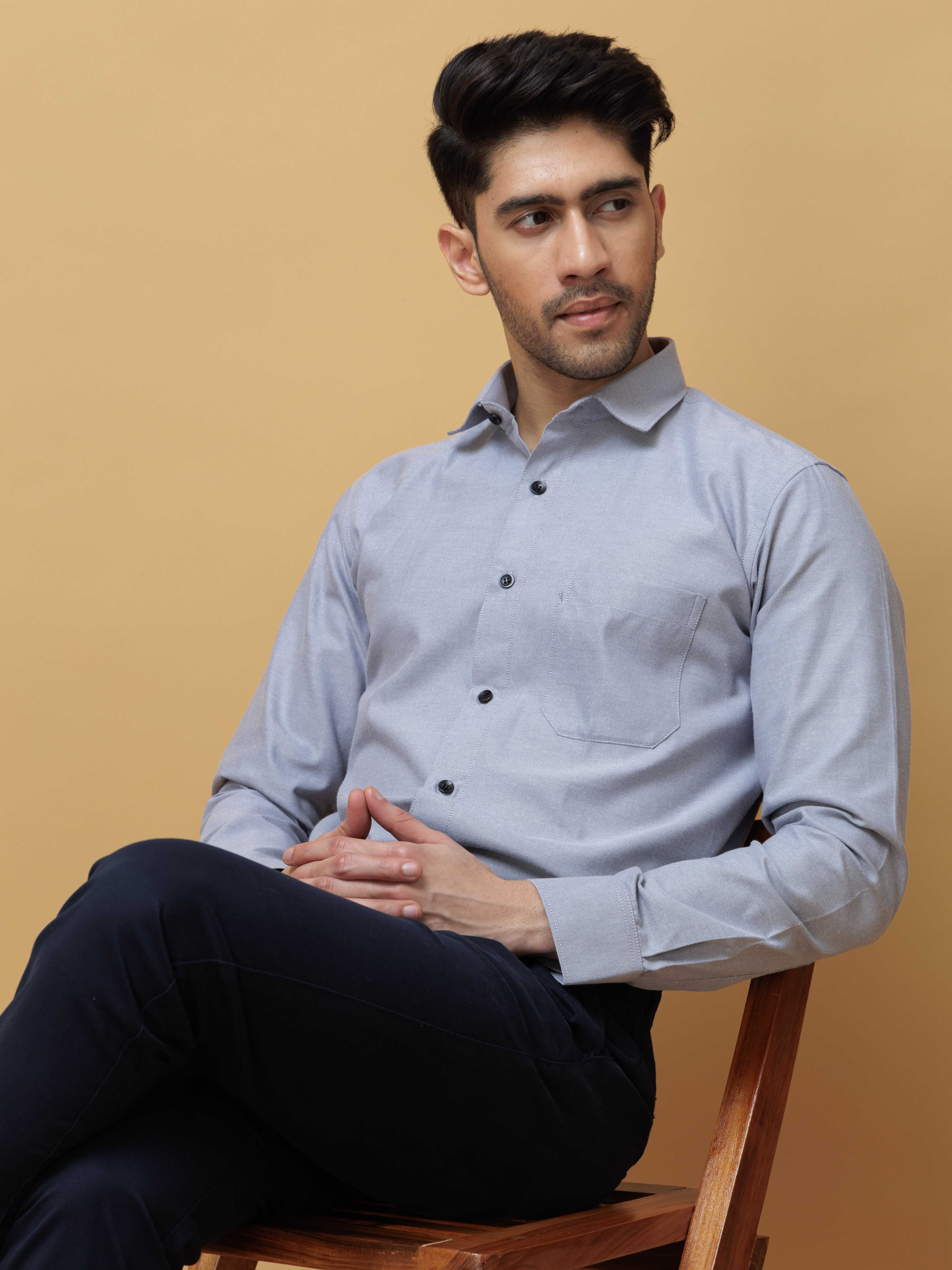 FORMAL GREY PLAIN OXFORD PREMIUM COTTON CASUAL SHIRT FOR MEN'S
