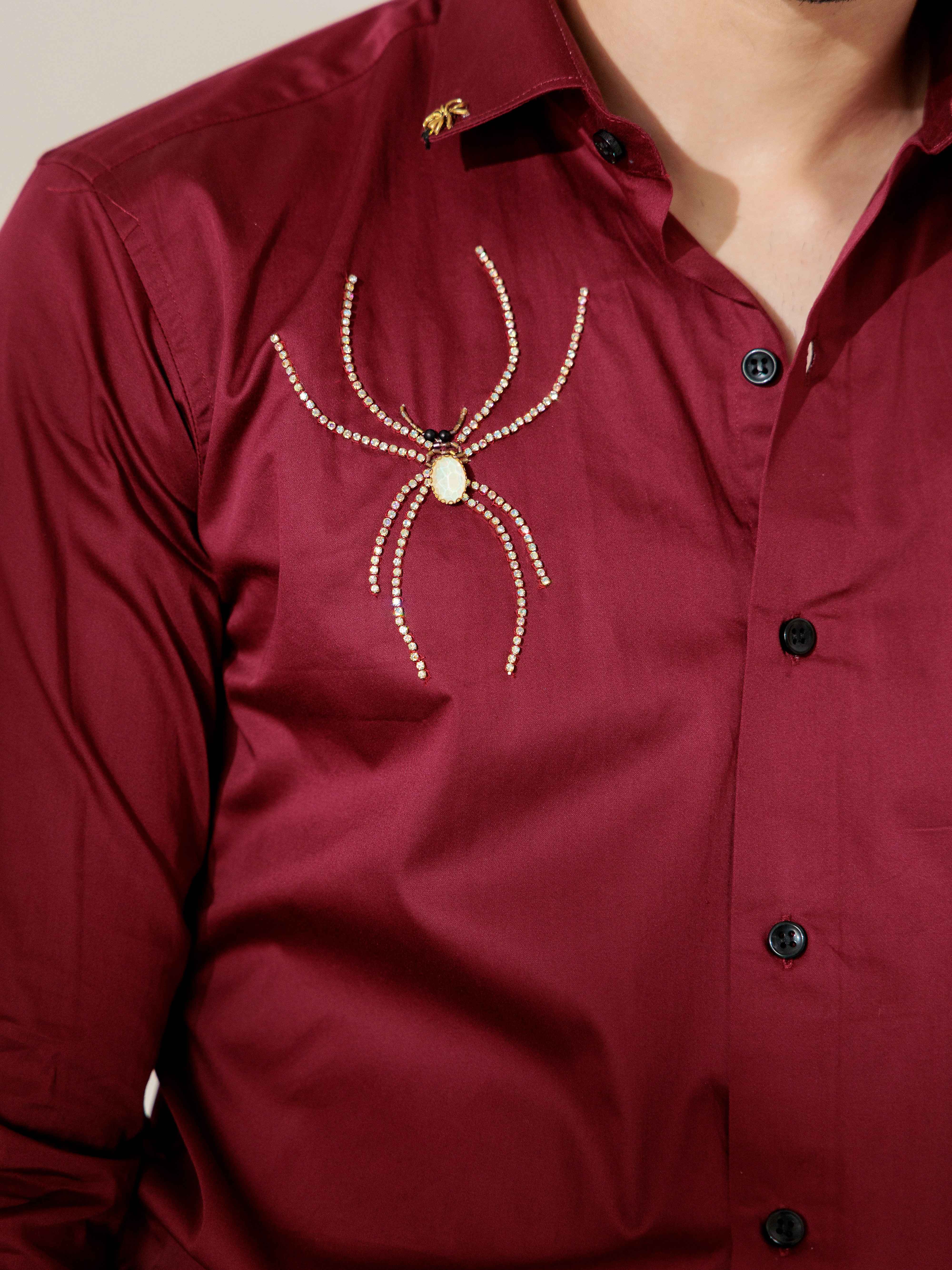 FOOMER MAROON RHINESTONE HAND WORK SATIN COTTON PREMIUM SHIRT FOR MEN