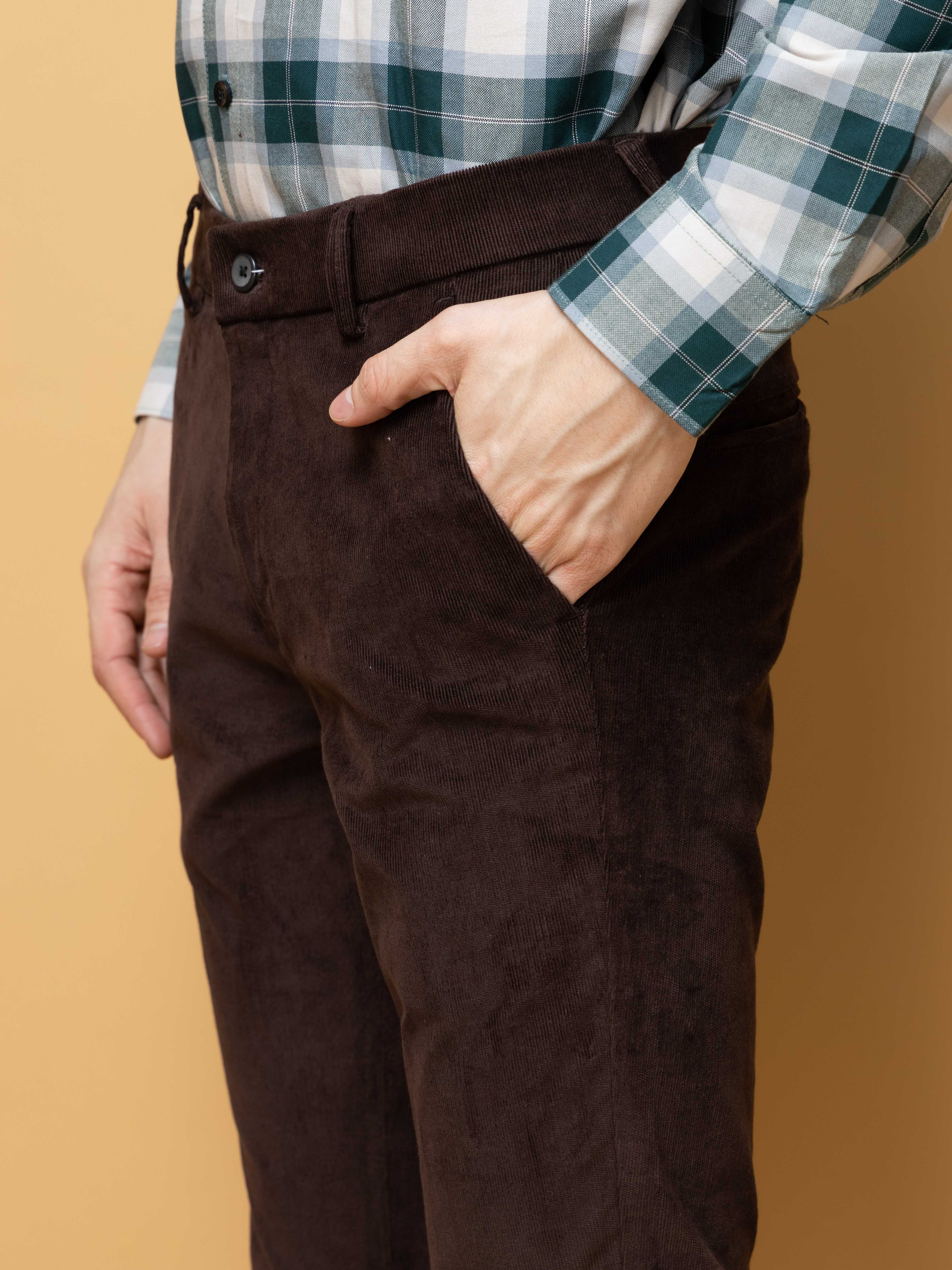 CHOCOLATE CORDUROY RELAXED FIT TROUSERS FOR MEN'S