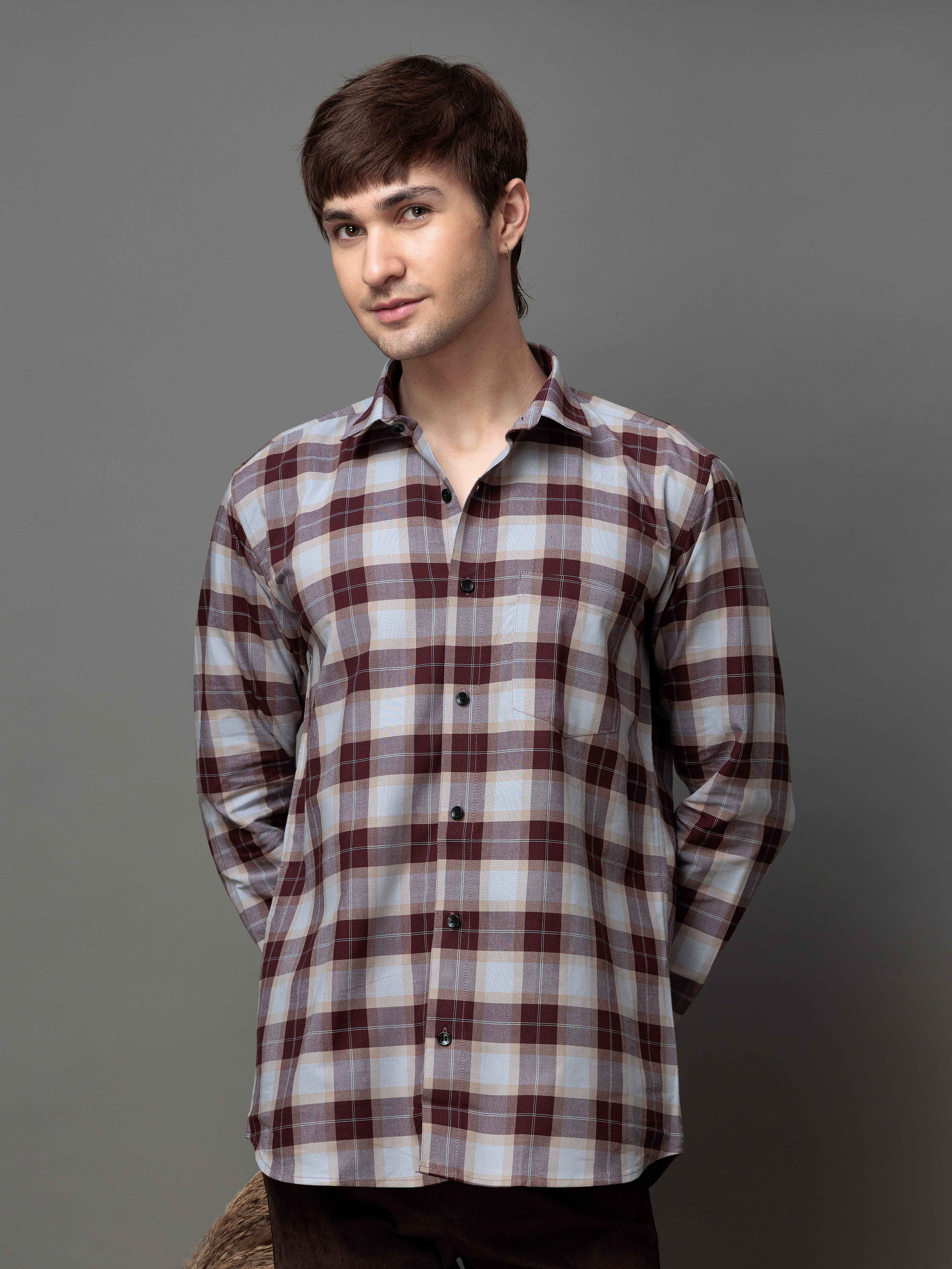 SQUARE WINE CHECKED COTTON CASUAL SHIRT FOR MEN'S