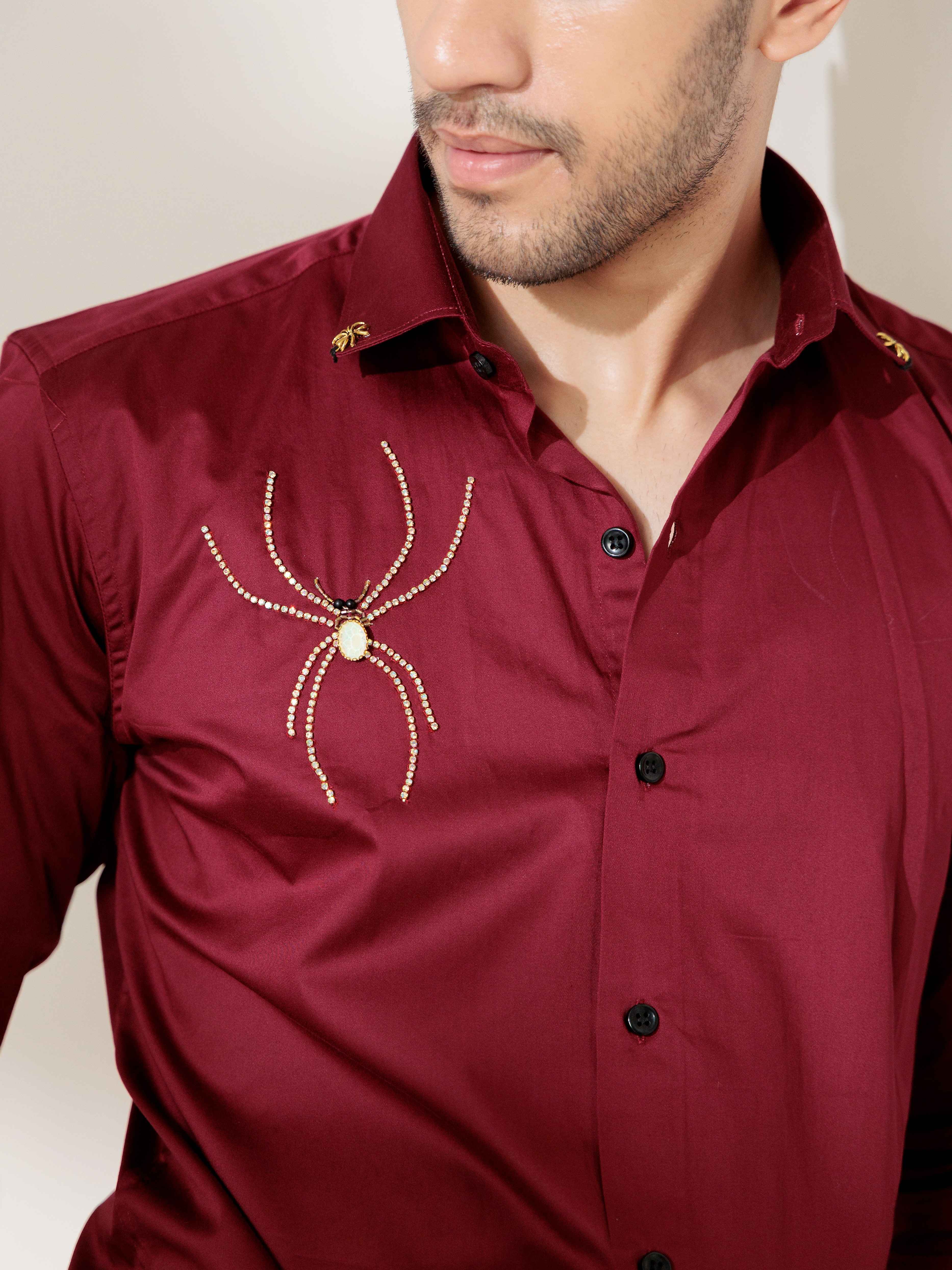 FOOMER MAROON RHINESTONE HAND WORK SATIN COTTON PREMIUM SHIRT FOR MEN