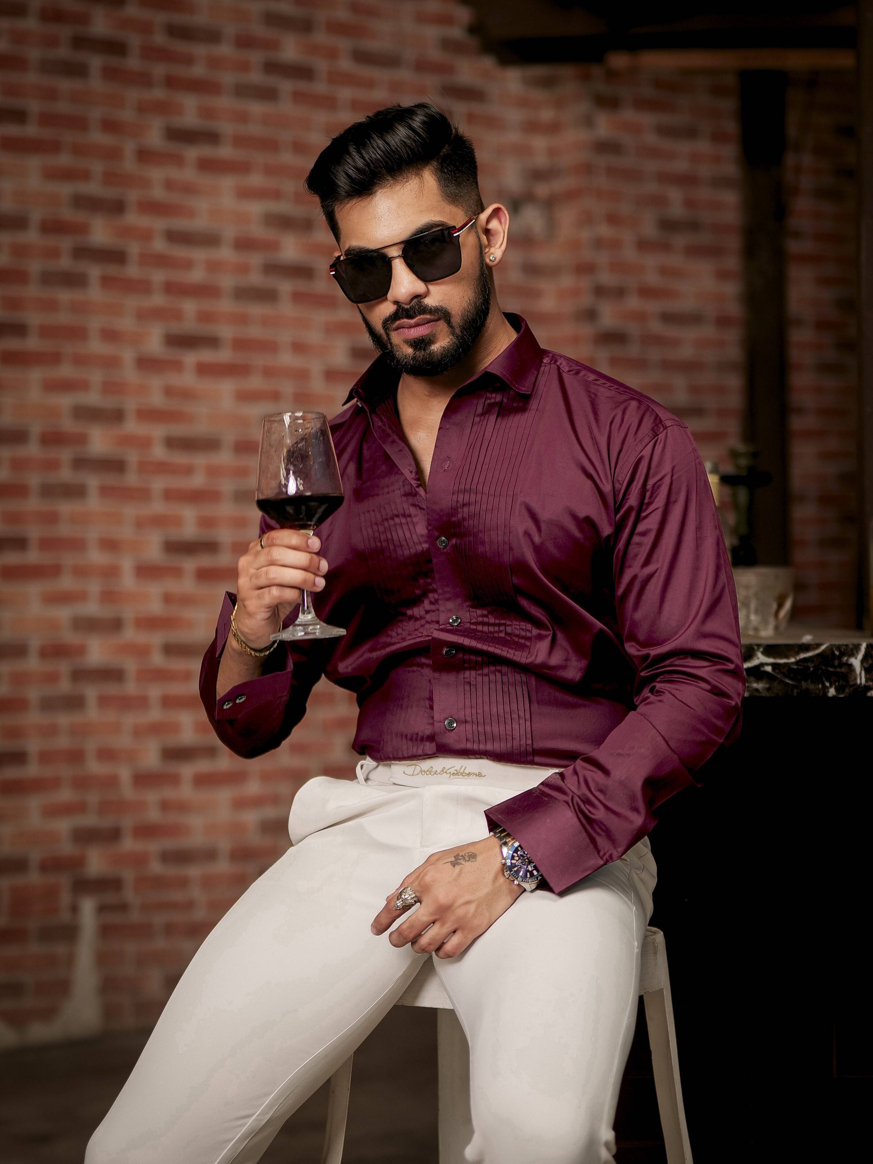 Wine Subtle Sheen Tuxedo Premium Giza Satin Cotton Shirt