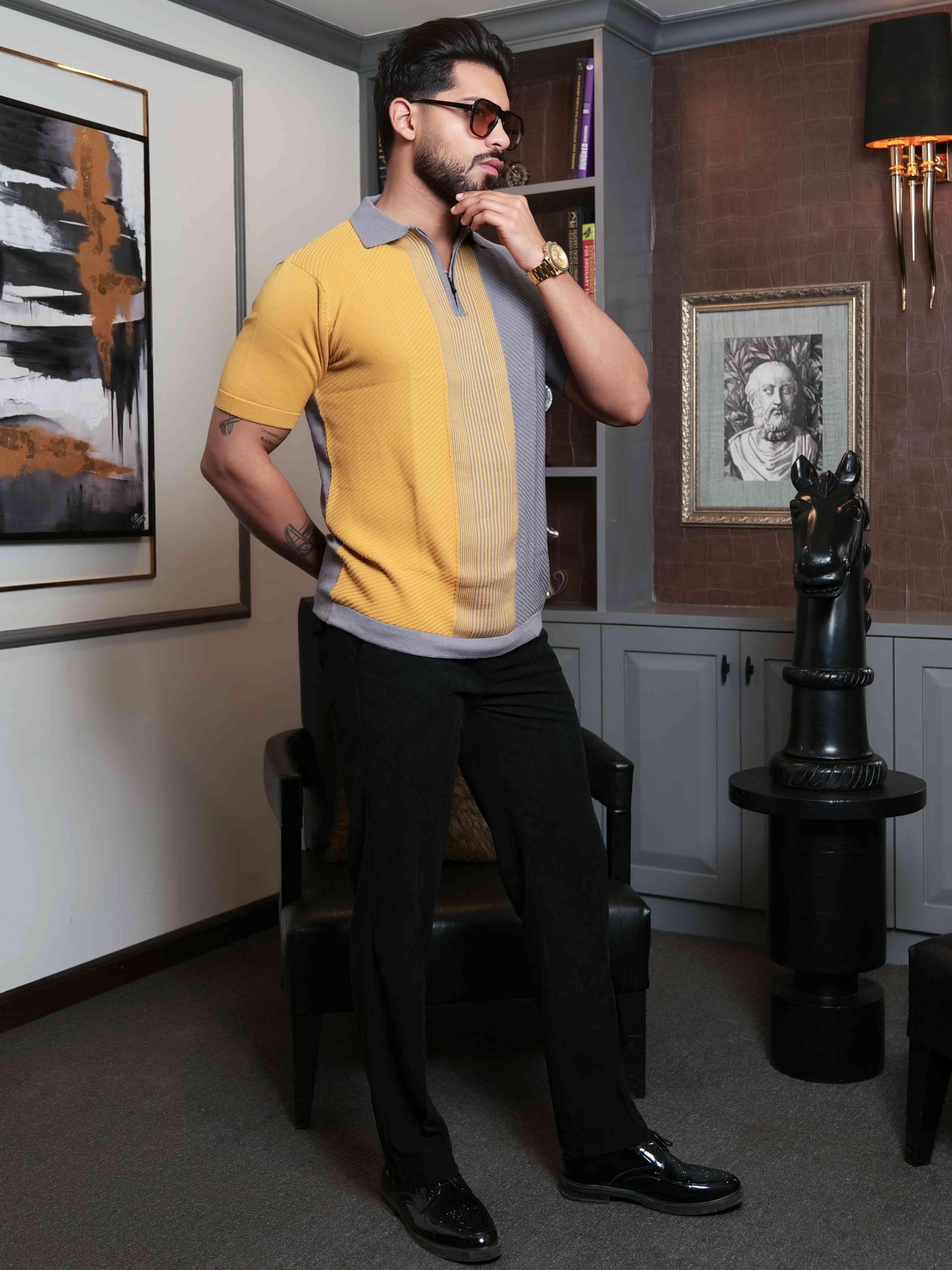 FOOMER YELLOW AND GREY HALF SLEEVE KNITED TSHIRT FOR MEN'S