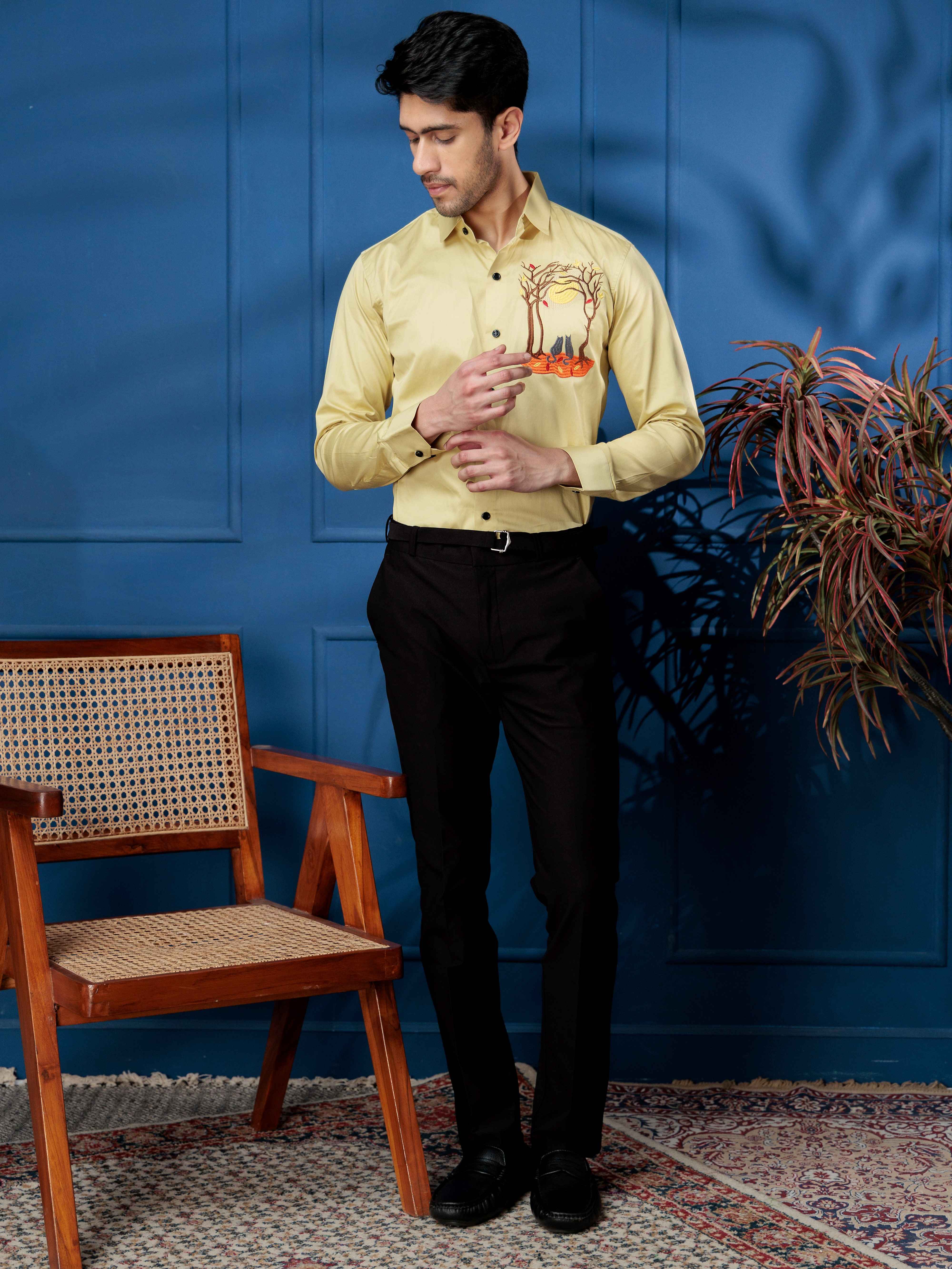 FOOMER COUPLE CAT EMBROIDERED CLUB WEAR SATIN COTTON SHIRT FOR MEN