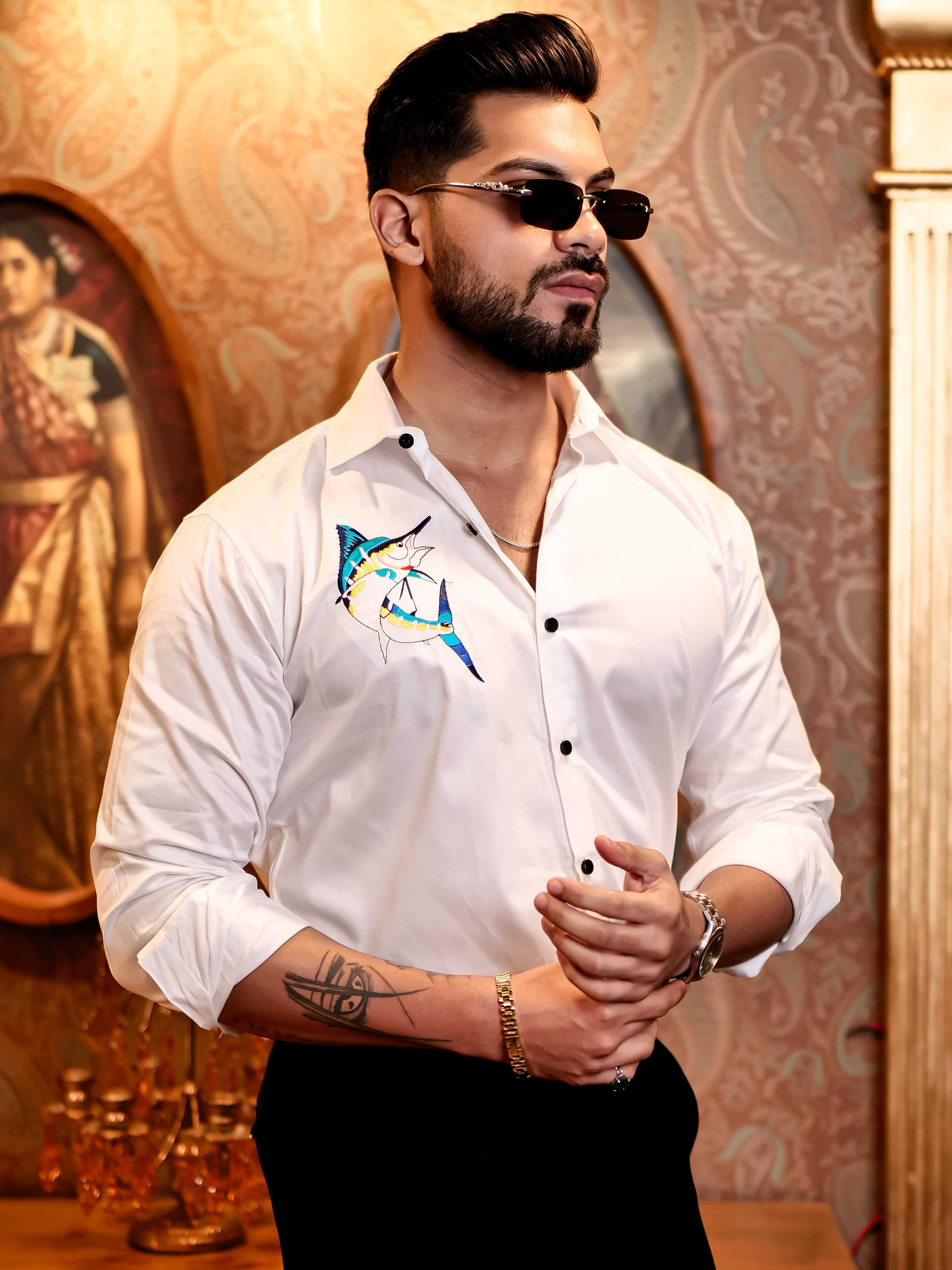 Sword Fish White Embroidered Club Wear Satin Cotton Shirt