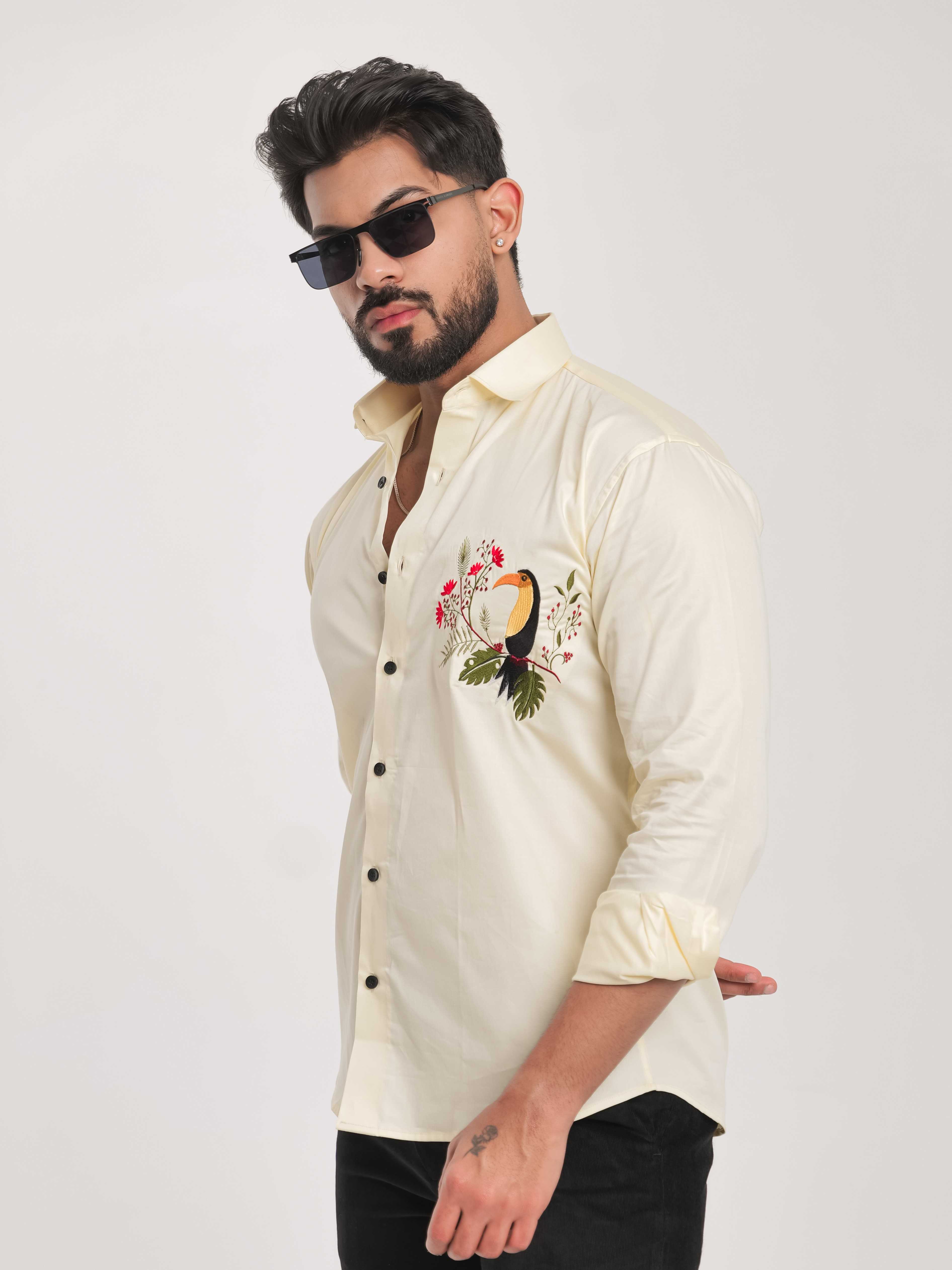 FOOMER YELLOW EMBROIDERY DESIGNER SATIN SHIRT FOR MEN'S