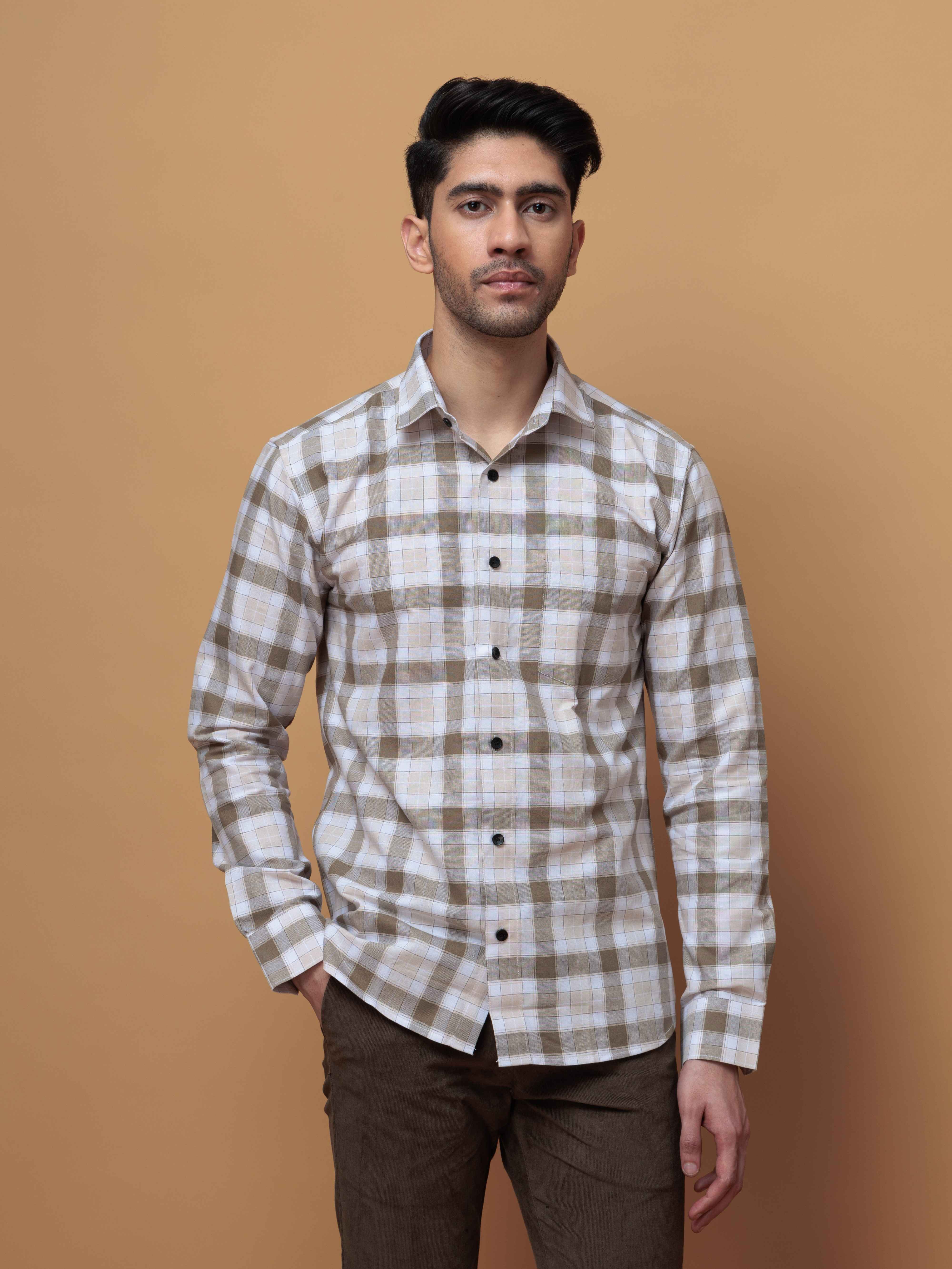 SQUARE WOOD CHECKED COTTON CASUAL SHIRT FOR MEN'S