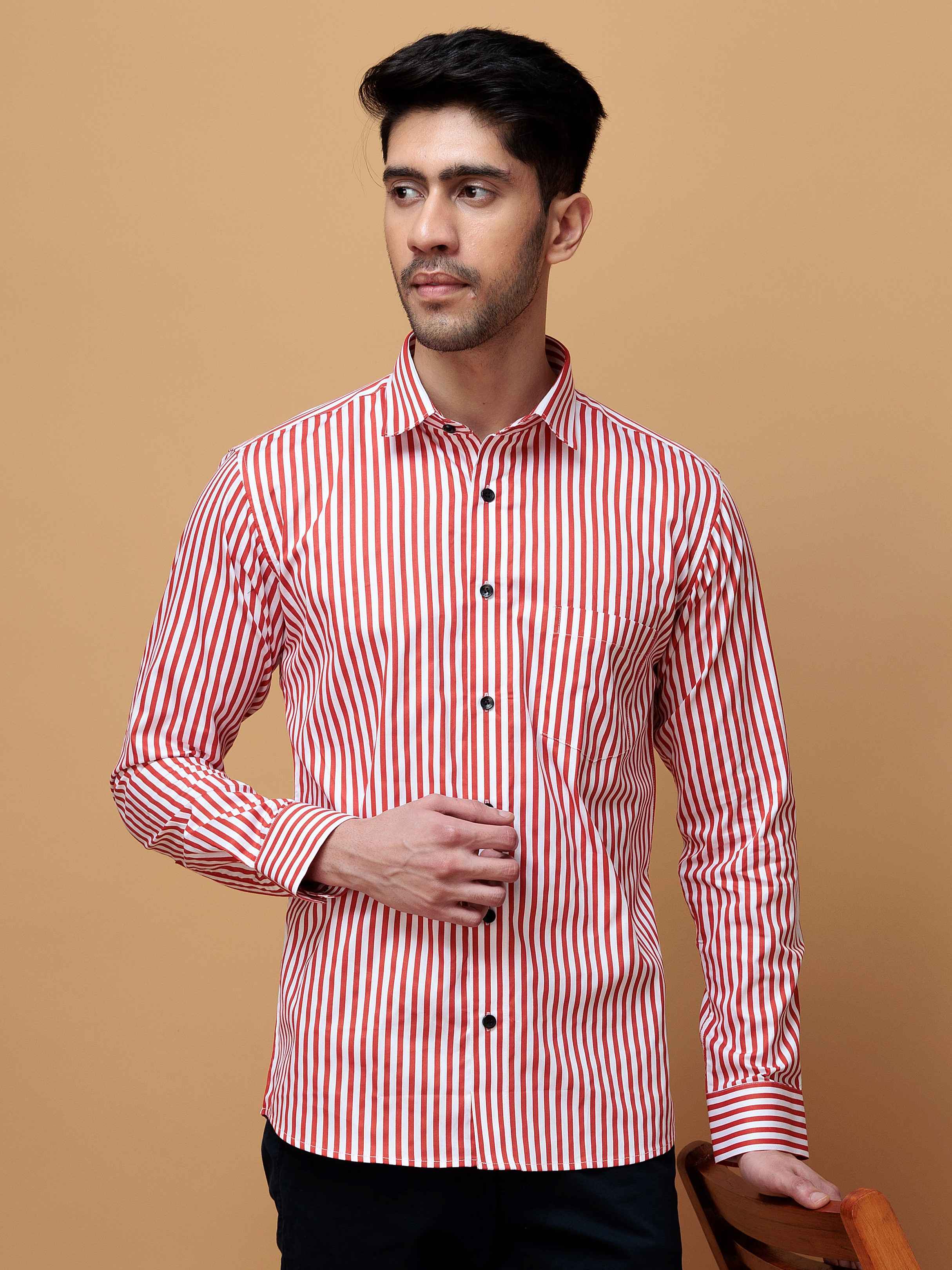 RED STRIPED COTTON REGULAR FIT MEN'S CASUAL SHIRT FOR MEN'S
