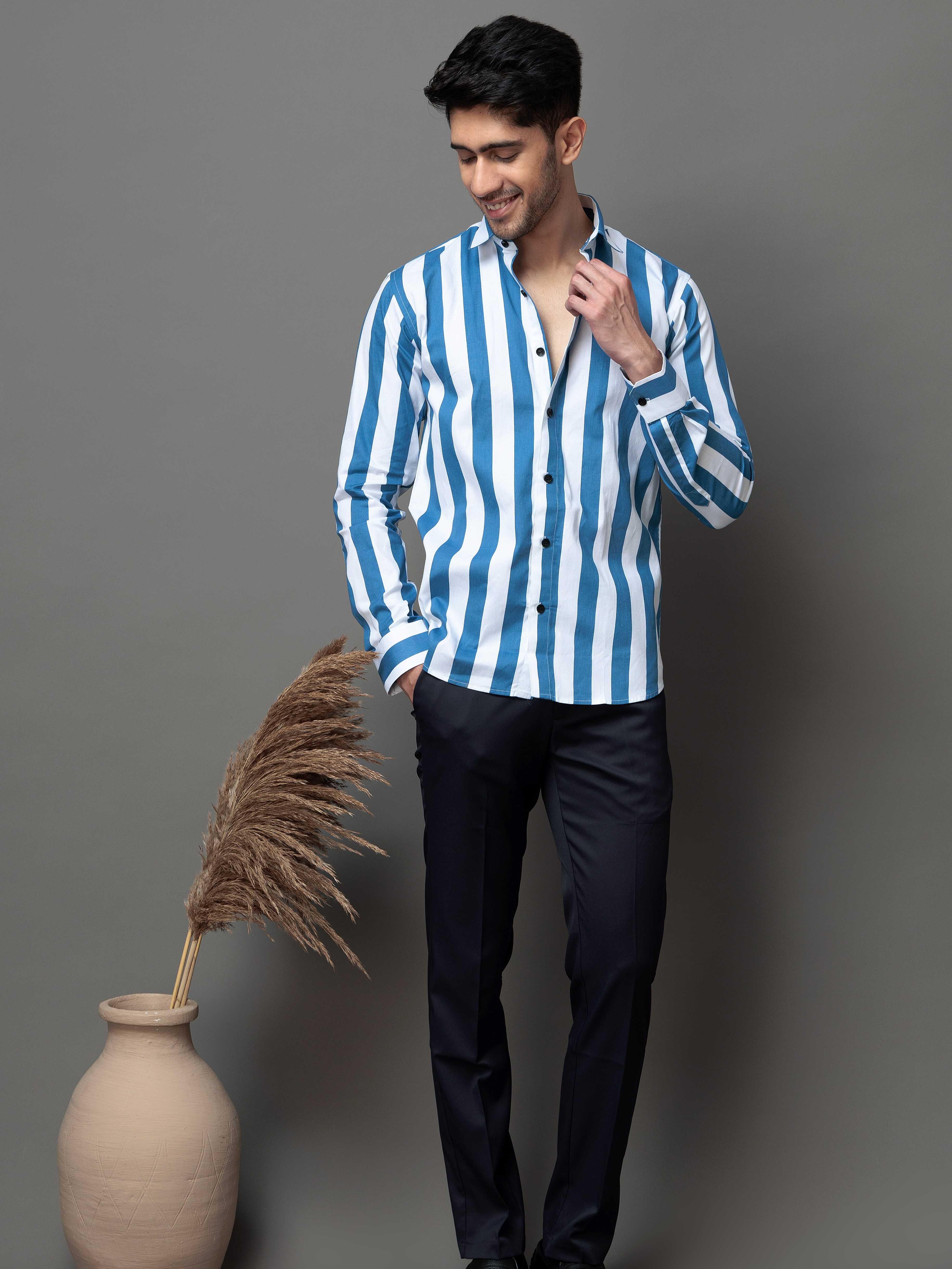 BLUE STRIPED PRINTED COTTON CASUAL SHIRT FOR MEN'S