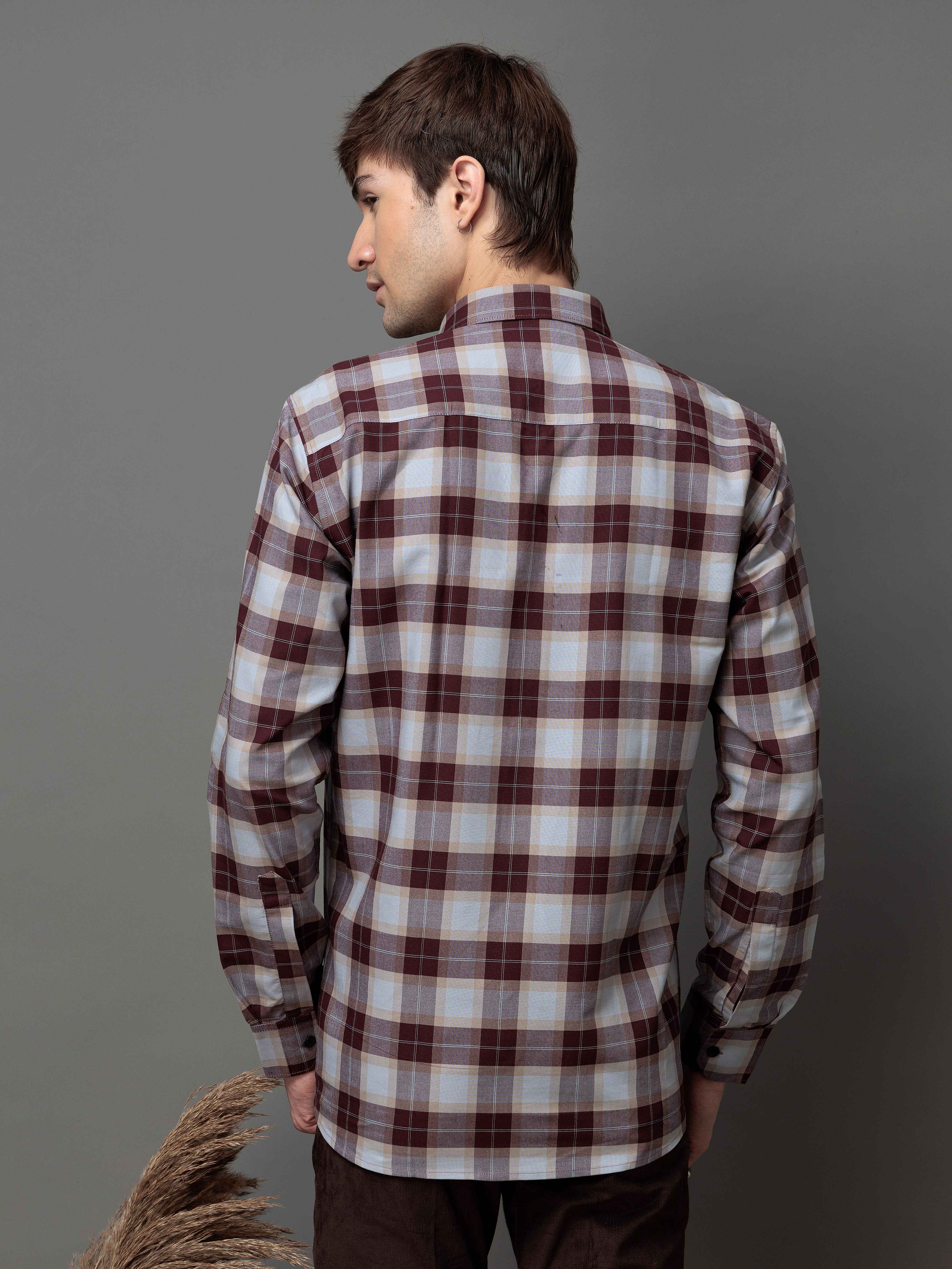 SQUARE WINE CHECKED COTTON CASUAL SHIRT FOR MEN'S