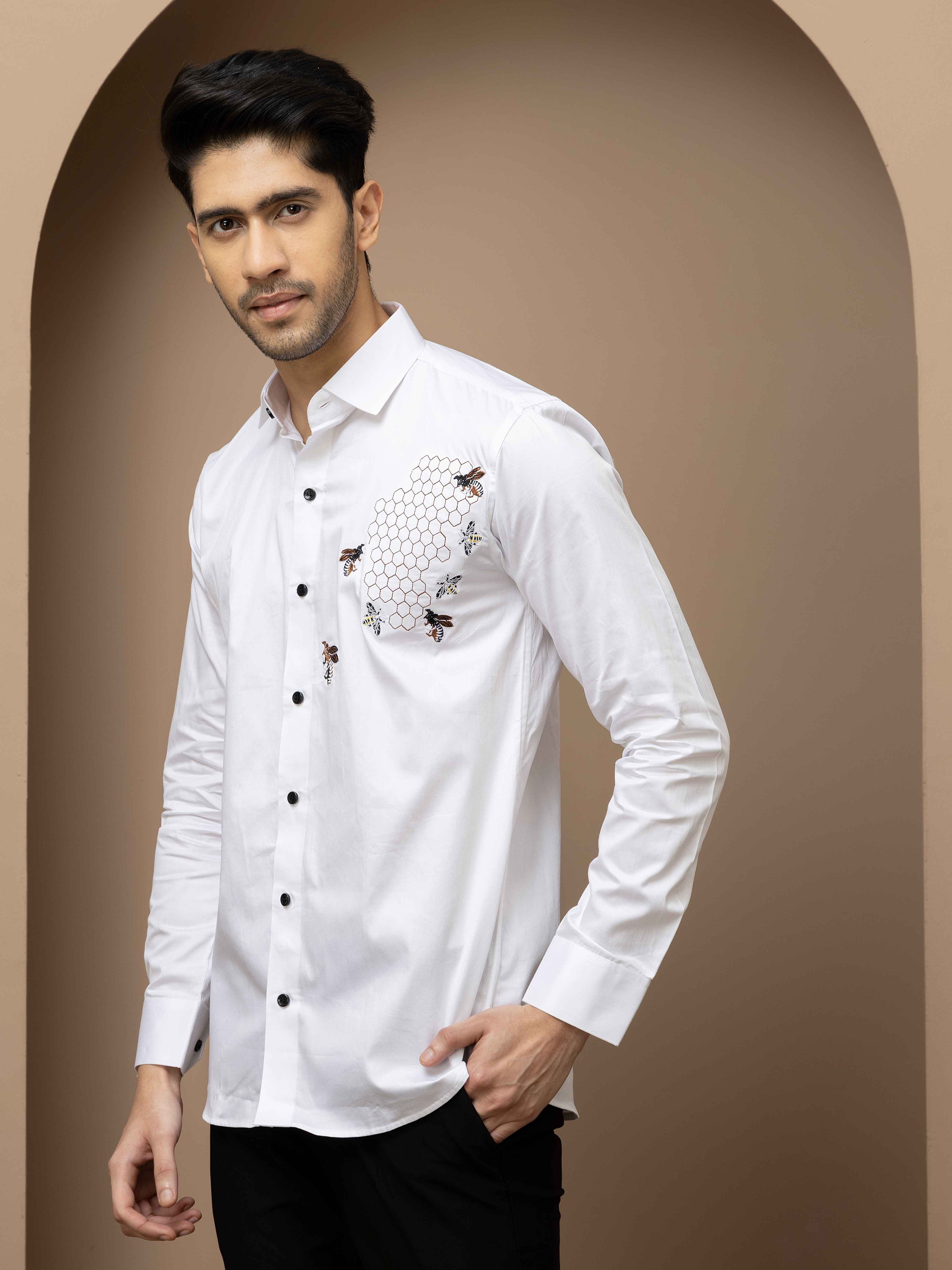 FOOMER WHITE HONEY BEES EMBROIDERED CLUB WEAR SATIN COTTON SHIRT