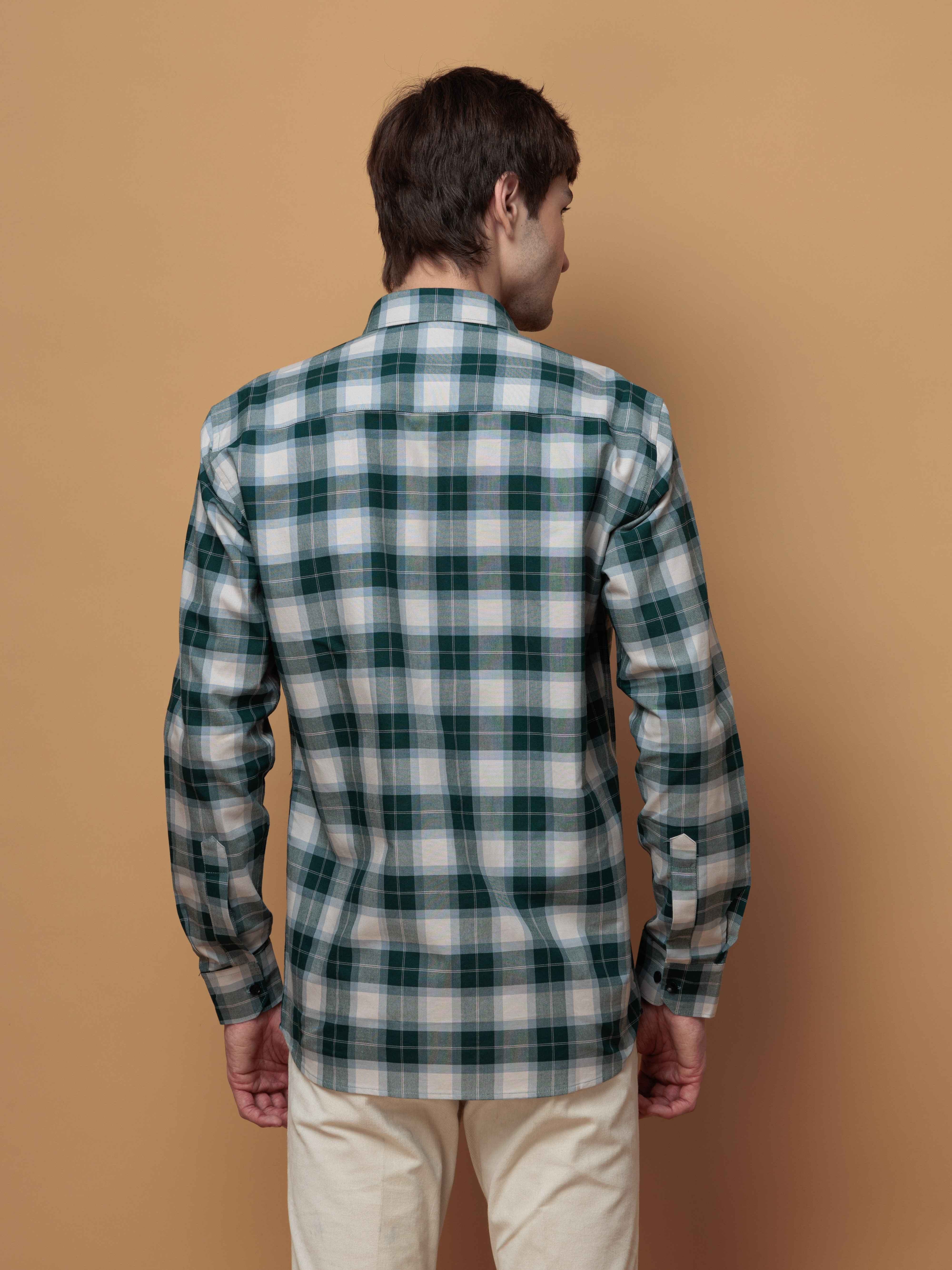 SQUARE GREEN CHECKED COTTON CASUAL SHIRT FOR MEN'S