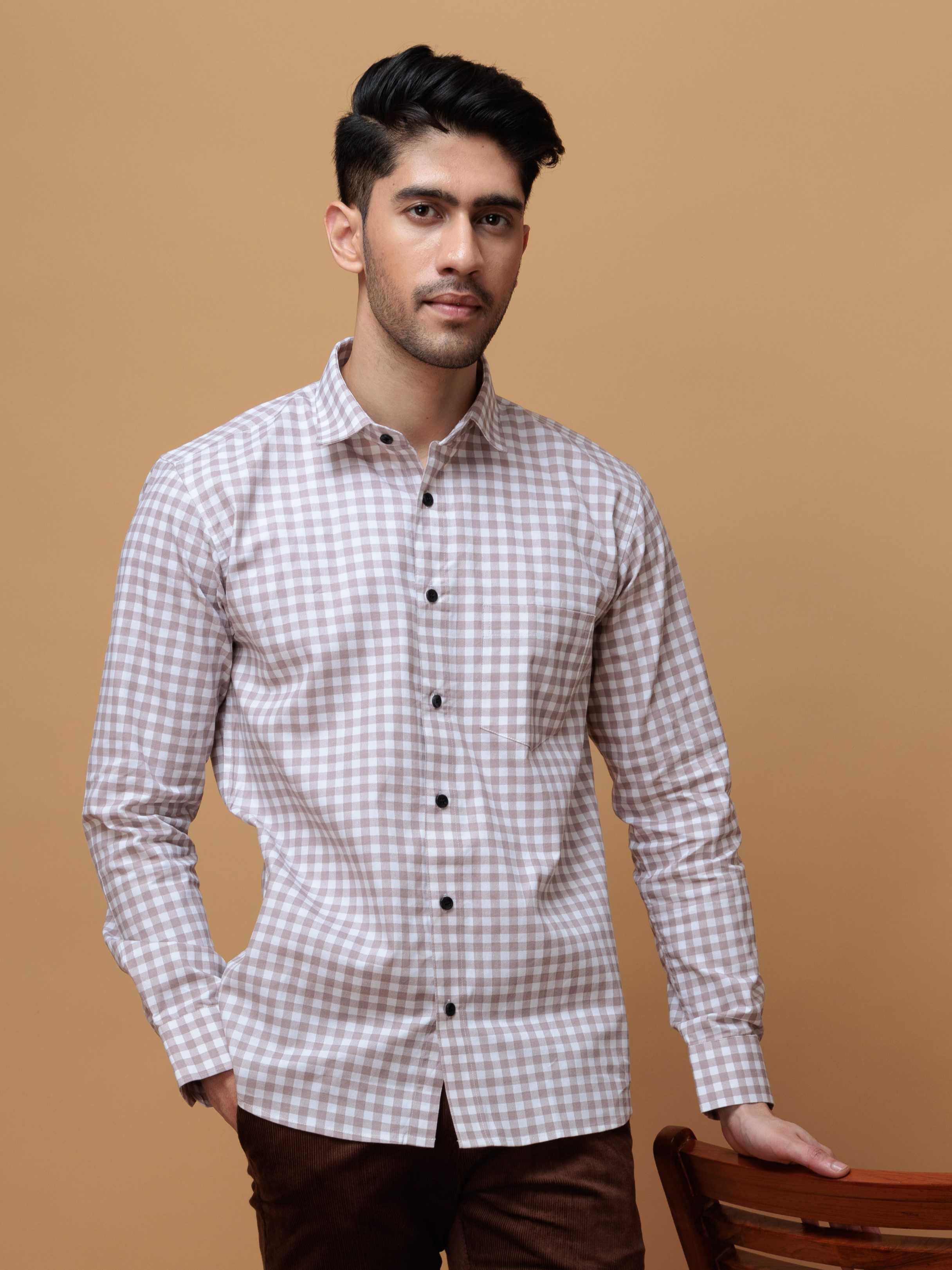 BROWN CHECKERD PRINTED COTTON CASUAL SHIRT FOR MEN'S