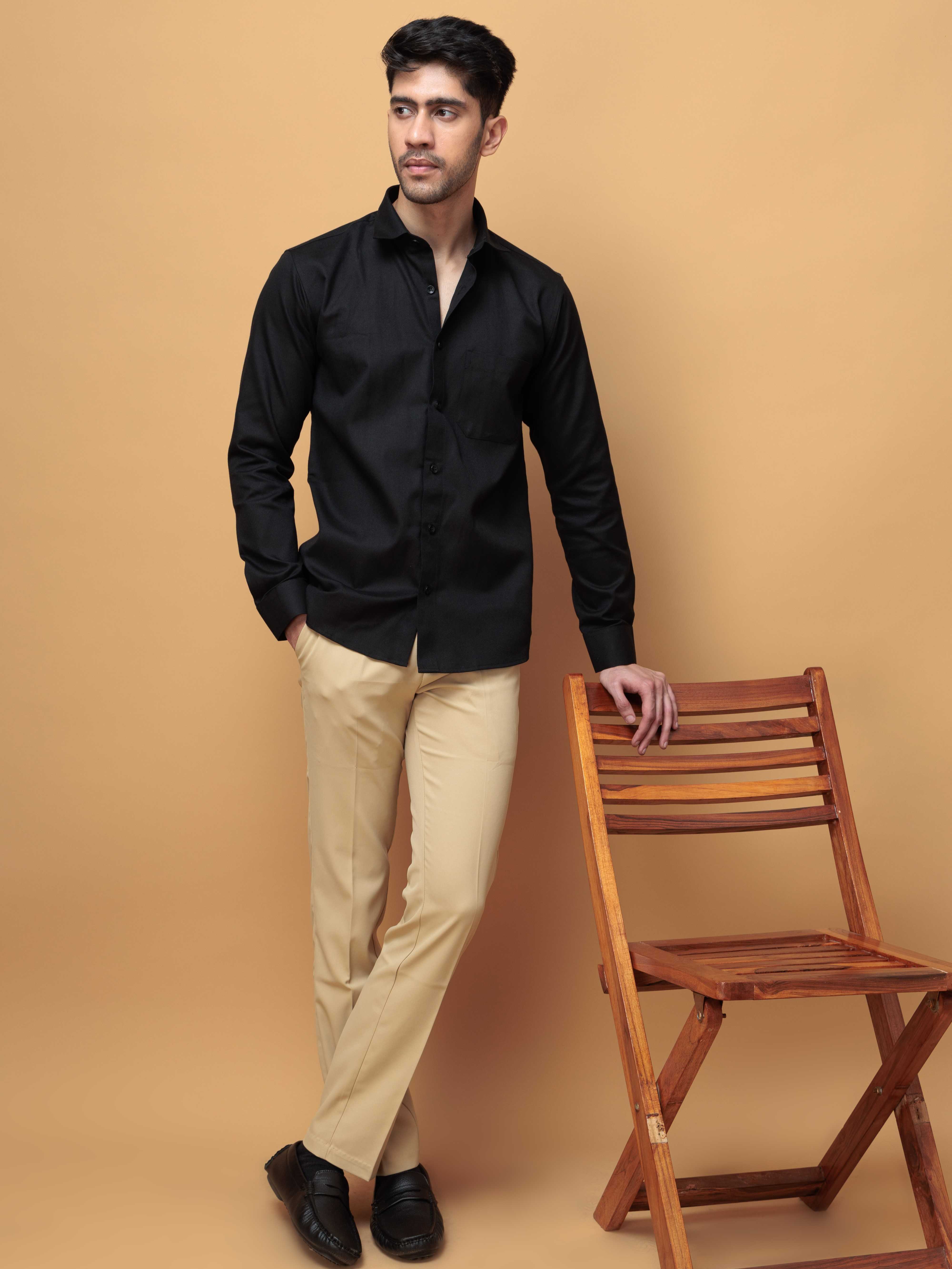 FORMAL BLACK PLAIN OXFORD COTTON CASUAL SHIRT FOR MEN'S