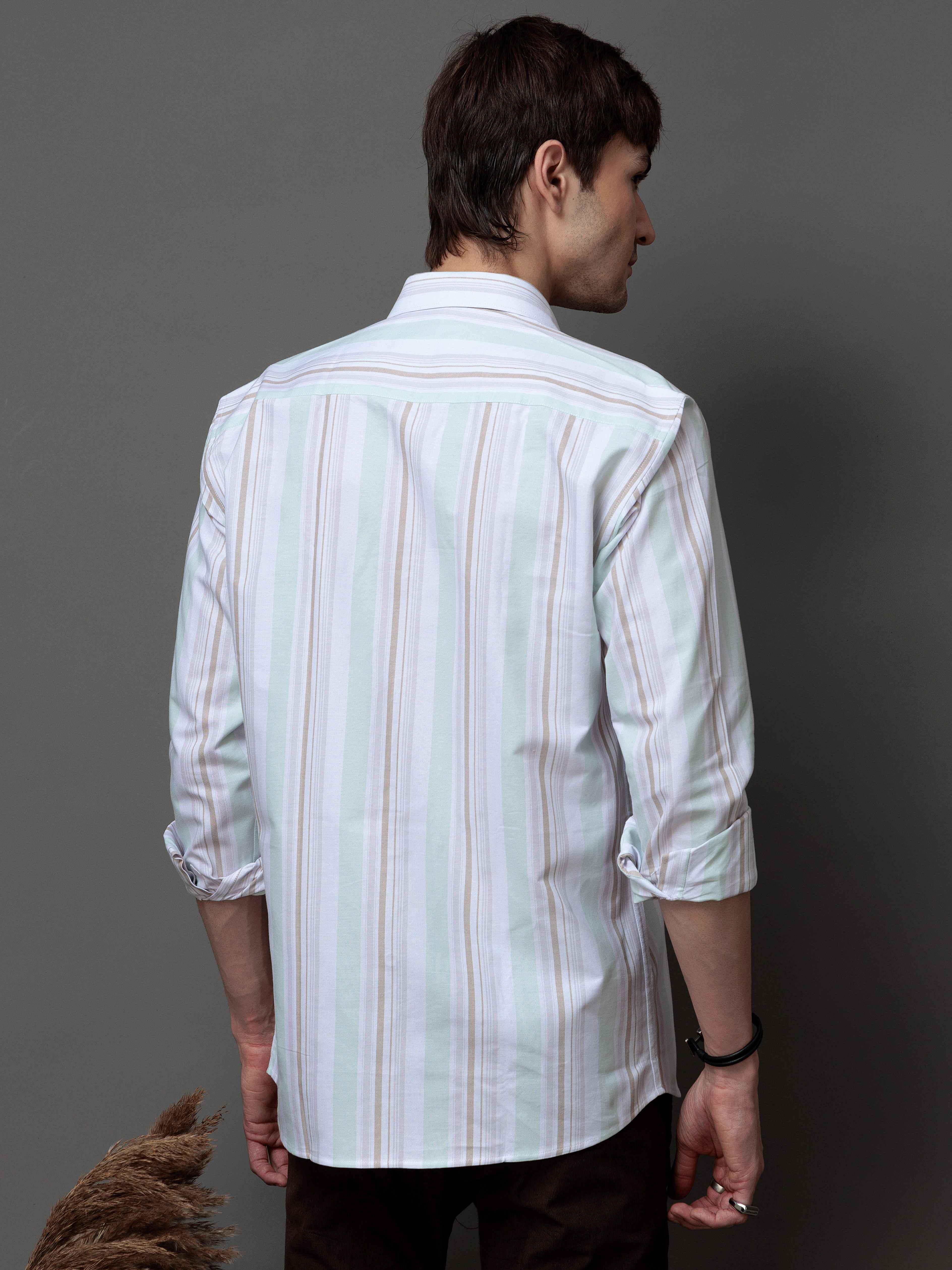 GREEN MULTI STRIPES COTTON REGULAR FIT MEN'S CASUAL SHIRT FOR MEN'S