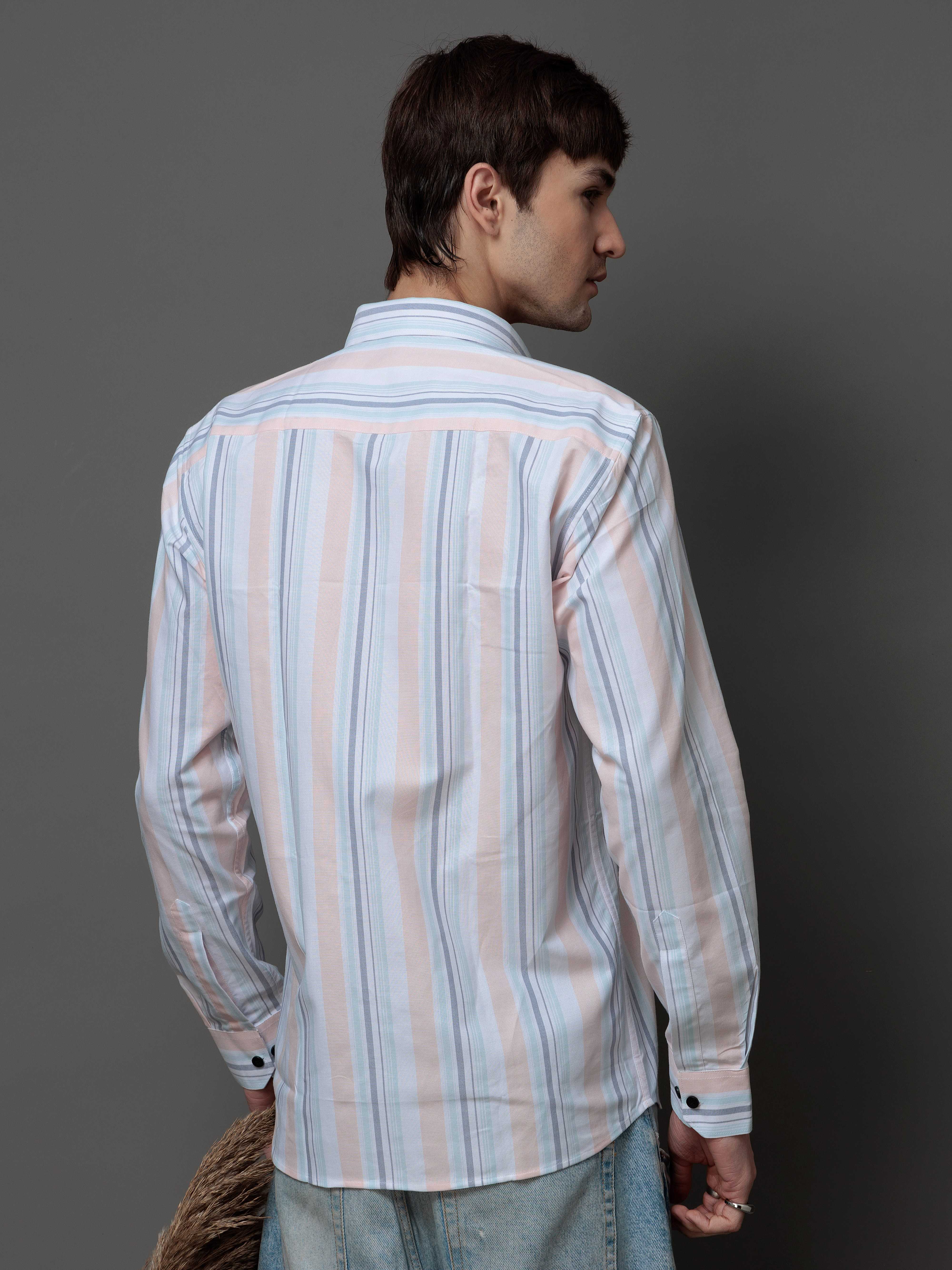 PEACH MULTI STRIPES COTTON REGULAR FIT MEN'S CASUAL SHIRT FOR MEN'S