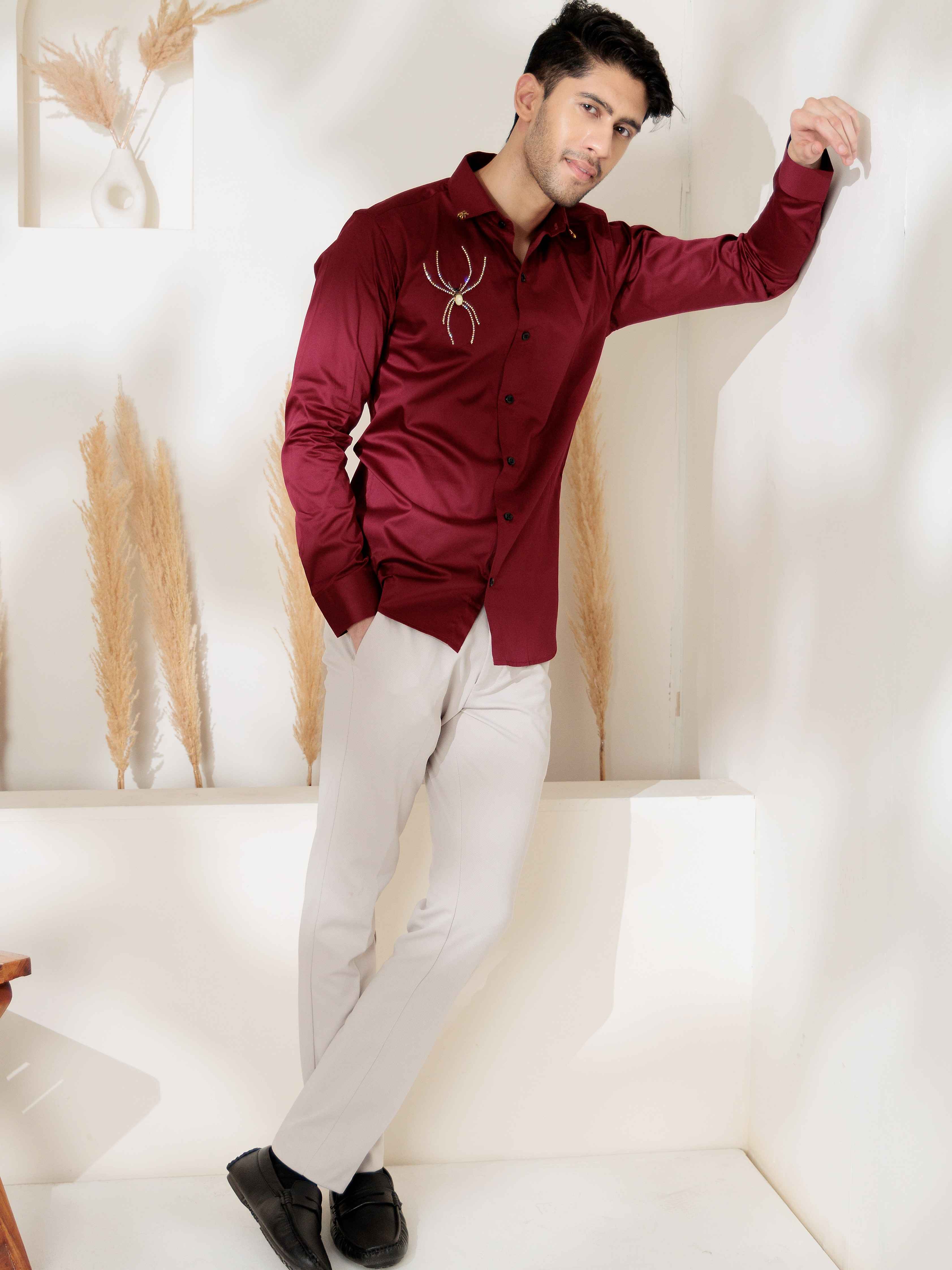 FOOMER MAROON RHINESTONE HAND WORK SATIN COTTON PREMIUM SHIRT FOR MEN