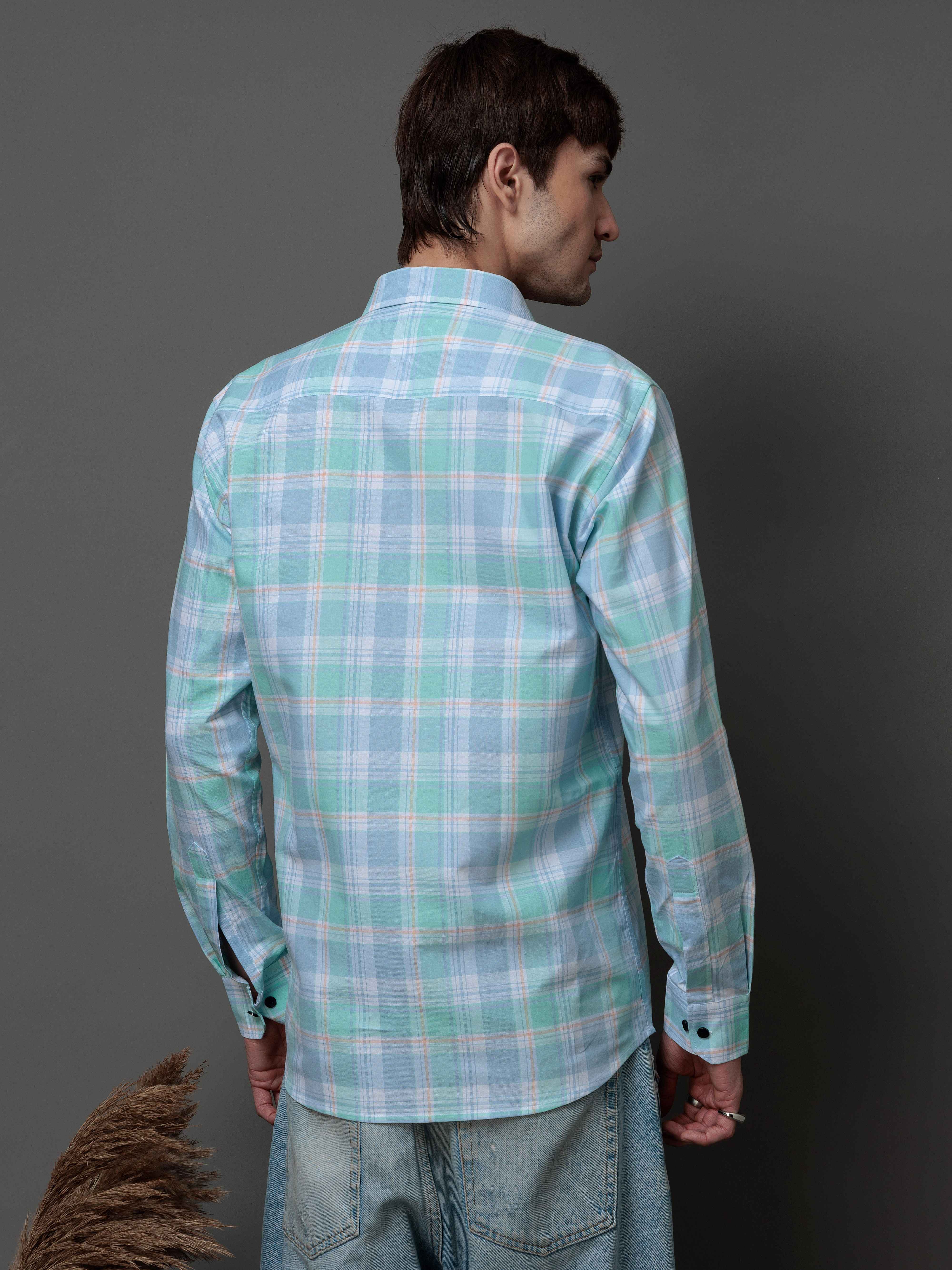 BOX CYAN CHECKED COTTON CASUAL SHIRT FOR MEN'S
