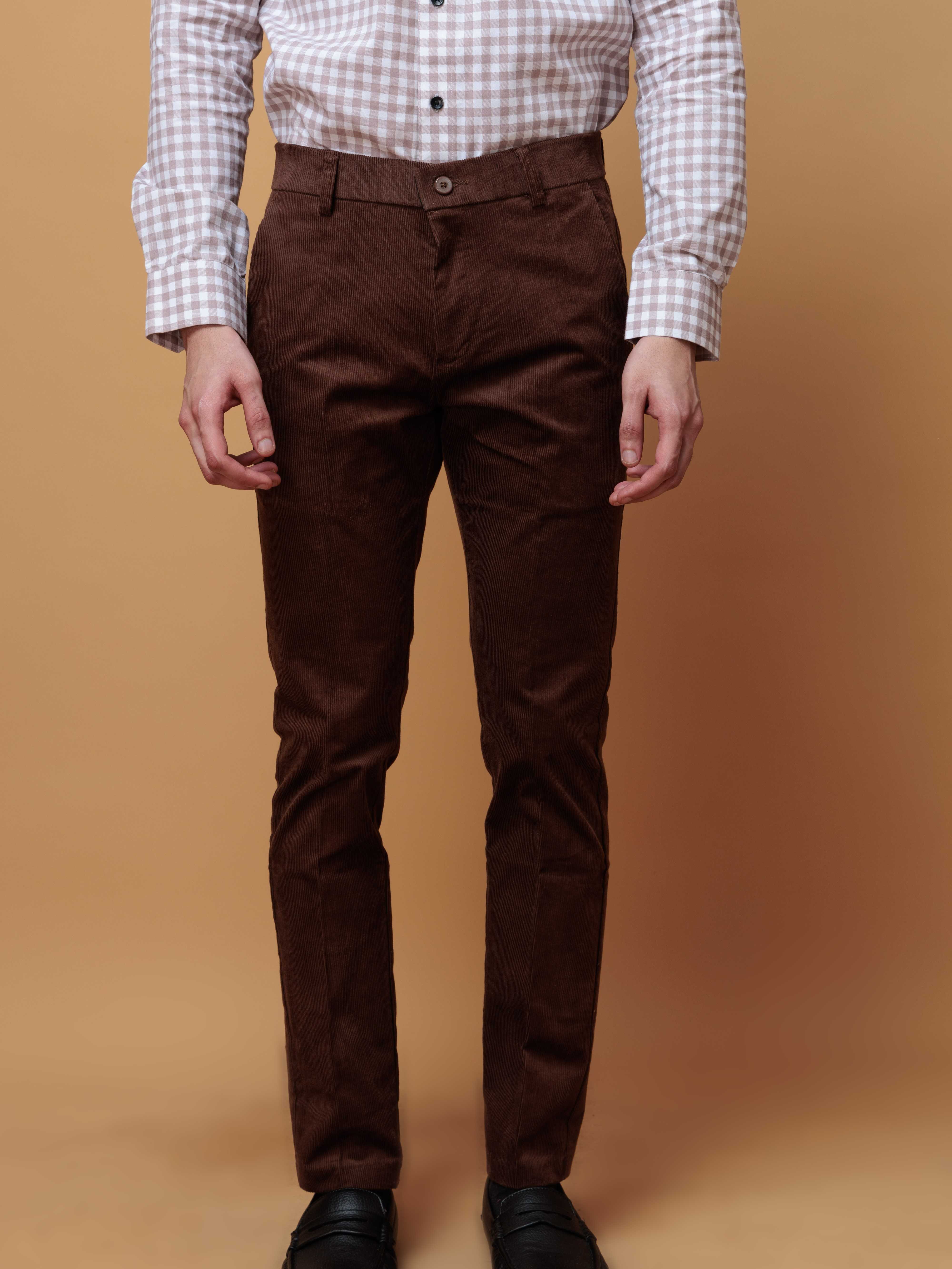 BROWN CORDUROY RELAXED FIT TROUSERS FOR MEN'S