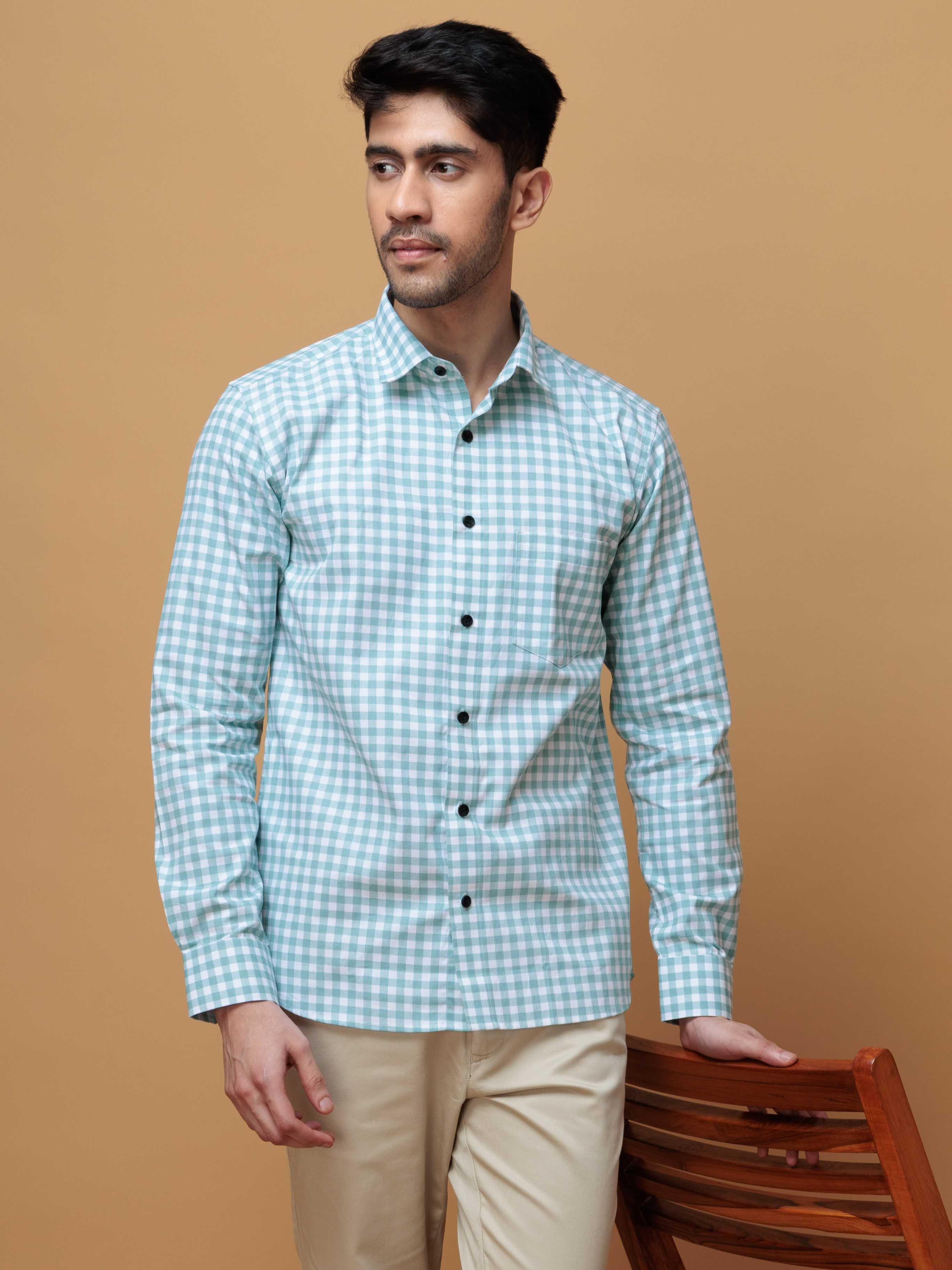 CYAN CHECKS PRINTED COTTON CASUAL SHIRT FOR MEN'S