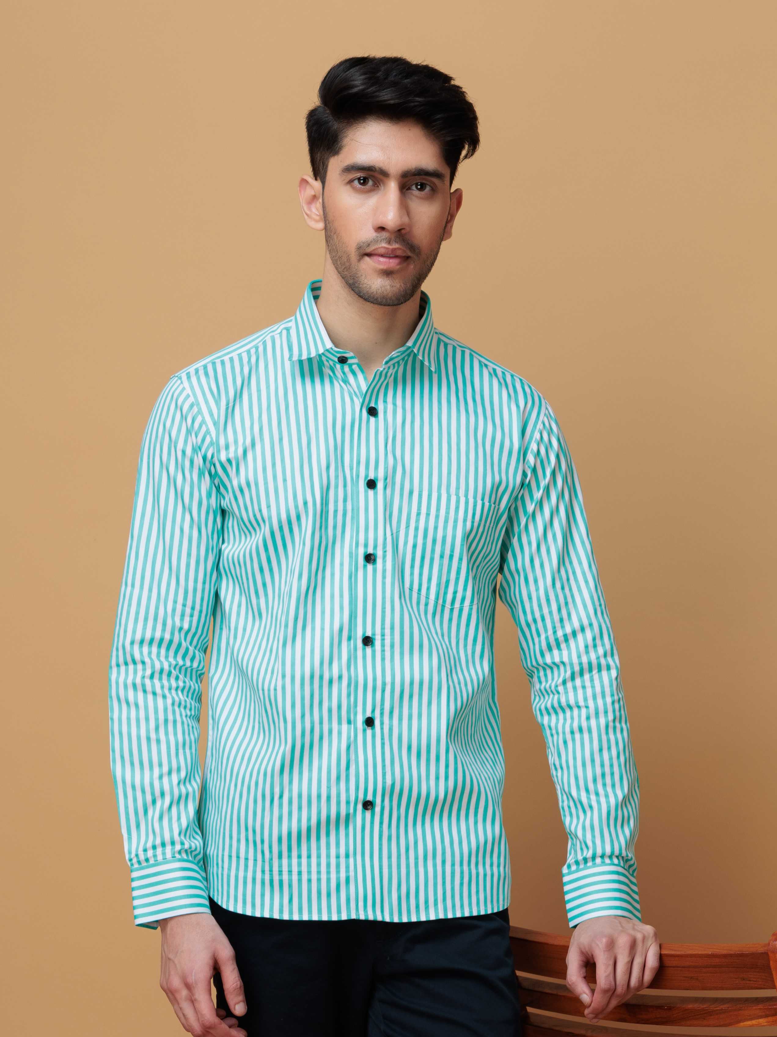 GREEN STRIPED COTTON REGULAR FIT MEN'S CASUAL SHIRT FOR MEN'S