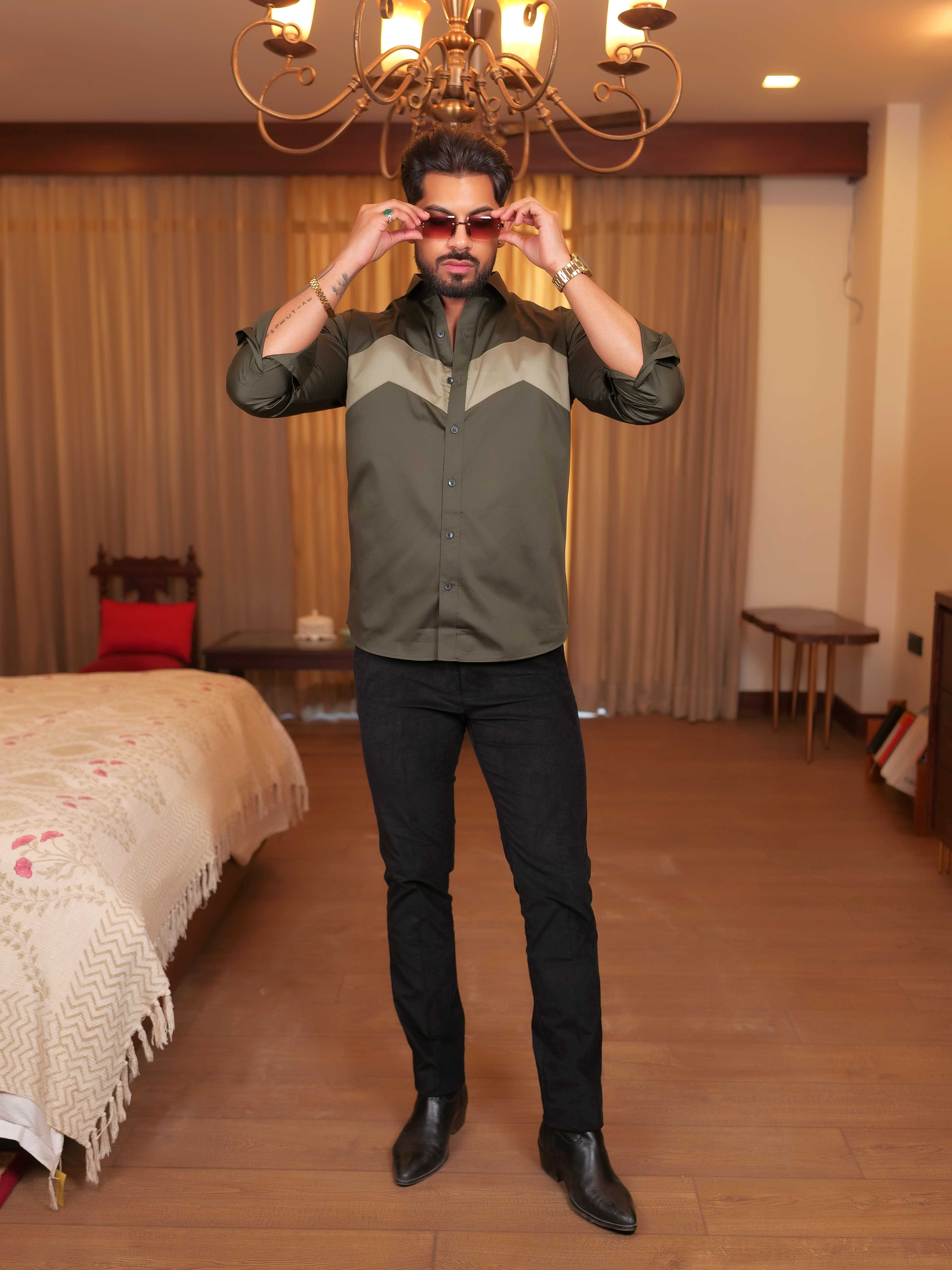 FOOMER OLIVE WAVE DESIGNER SHIRT FOR MEN'S