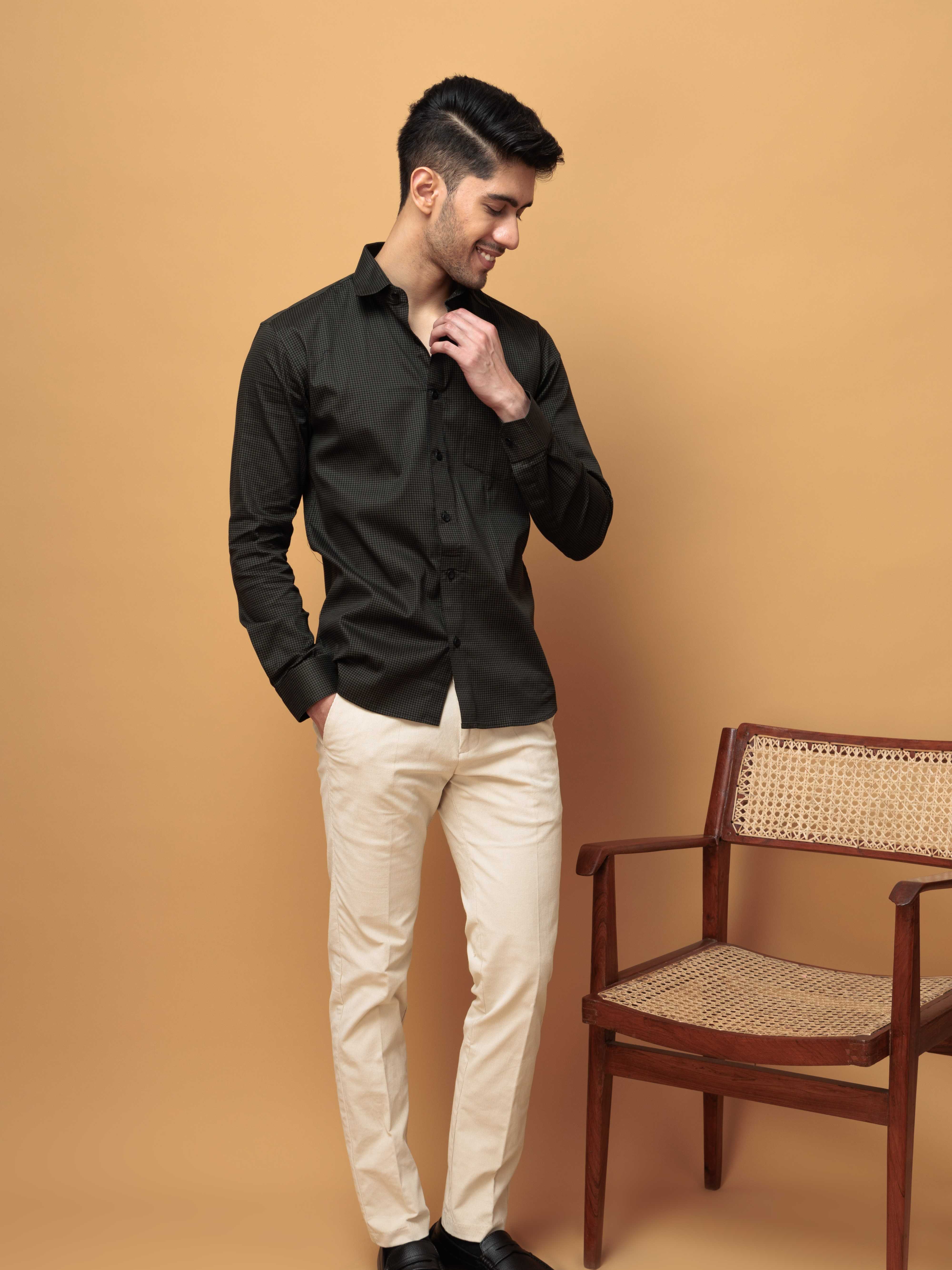 FOOMER GREEN MINI CHECKED COTTON CASUAL SHIRT FOR MEN'S