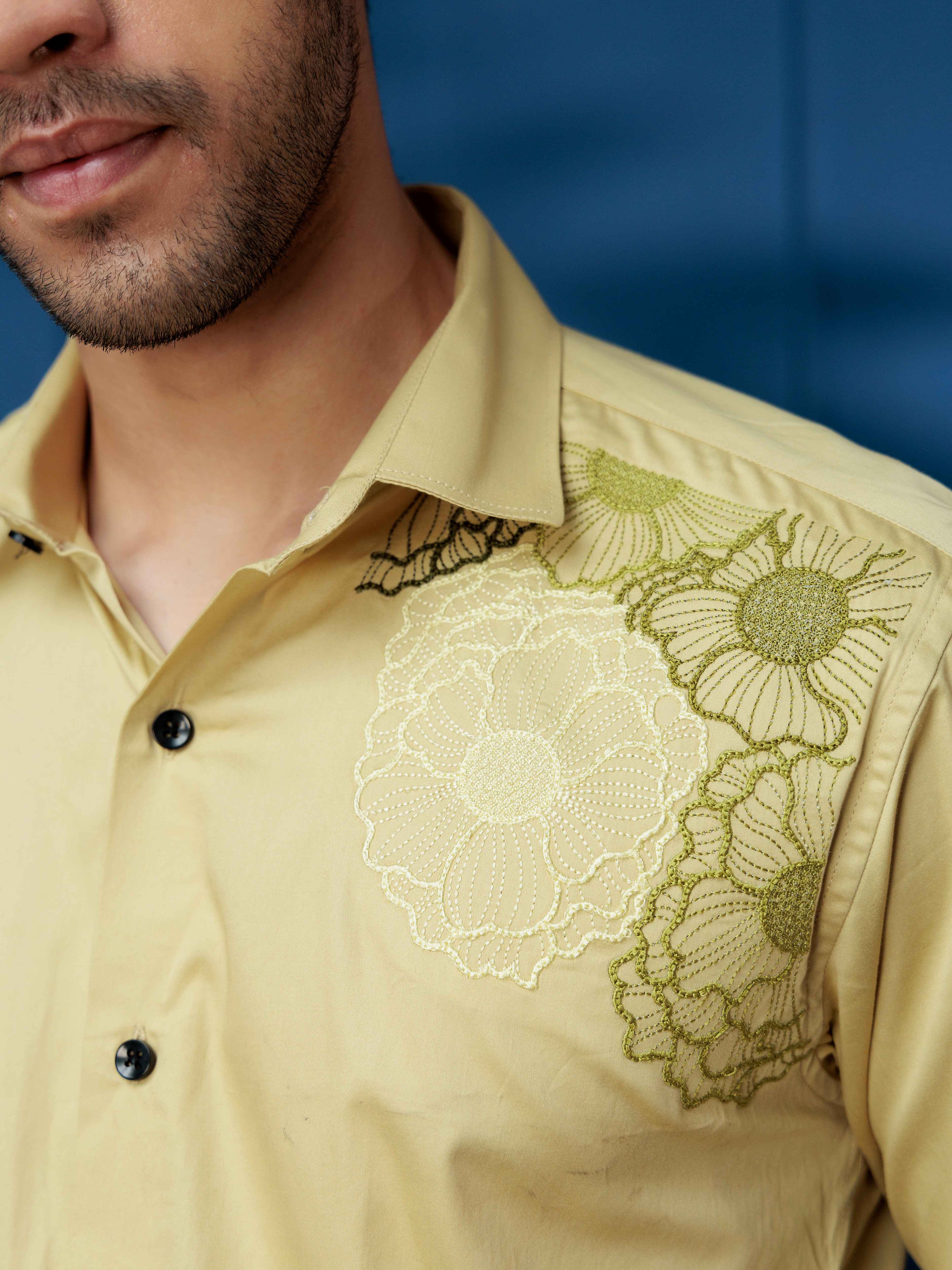 FOOMER FLOWER EMBROIDERED CLUB WEAR SATIN COTTON SHIRT FOR MEN