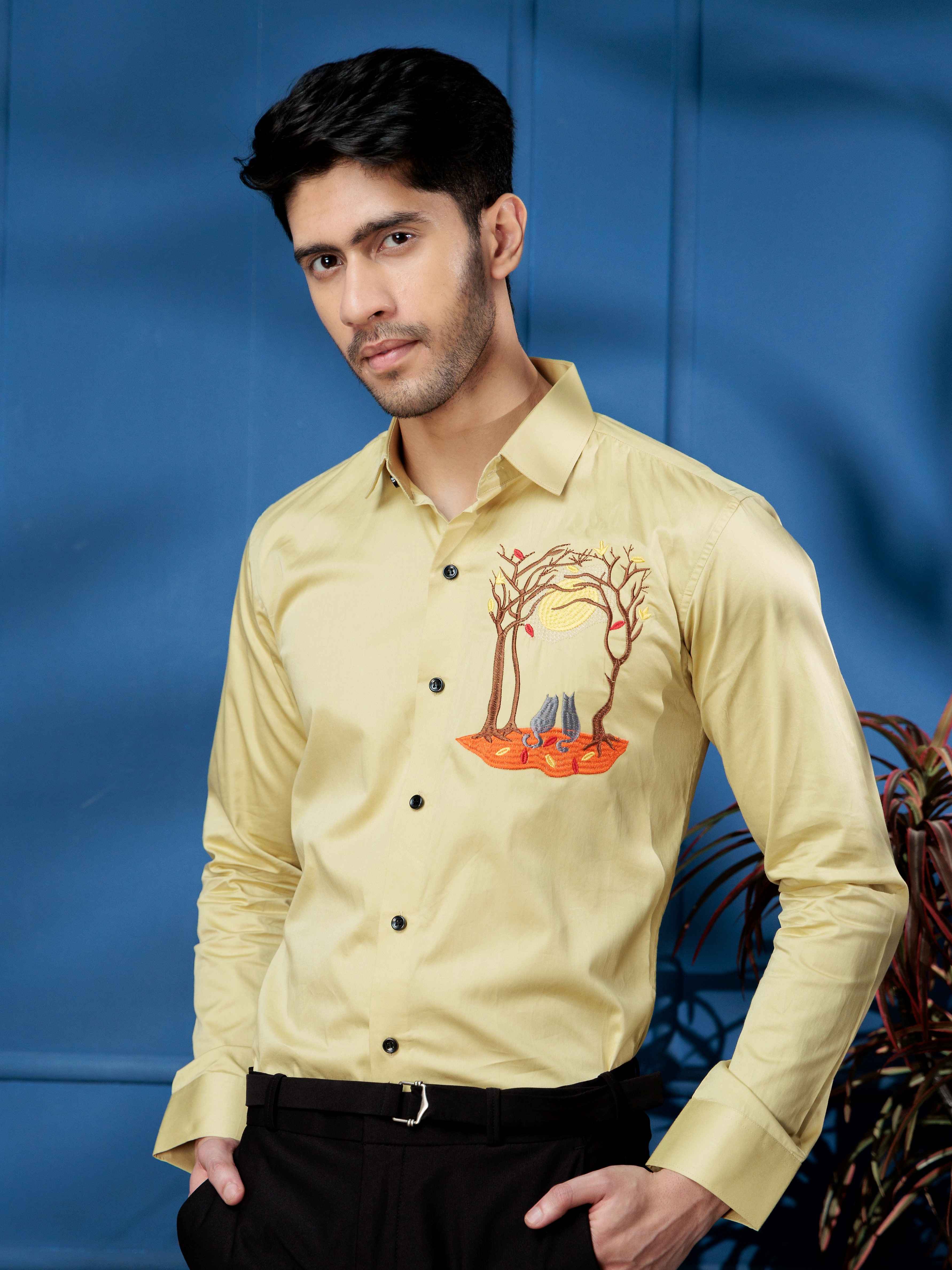 FOOMER COUPLE CAT EMBROIDERED CLUB WEAR SATIN COTTON SHIRT FOR MEN