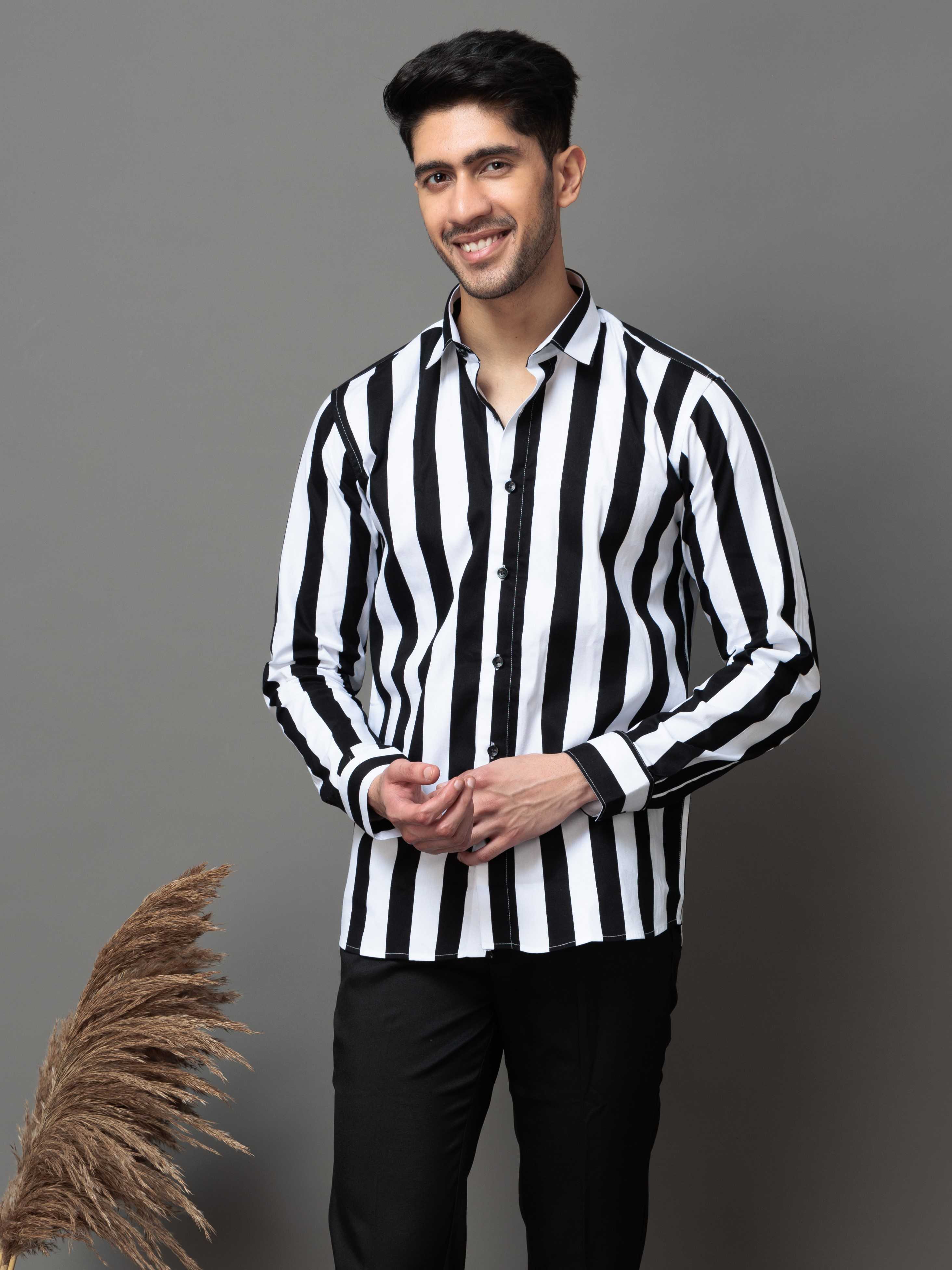 BLACK STRIPED PRINTED COTTON CASUAL SHIRT FOR MEN'S