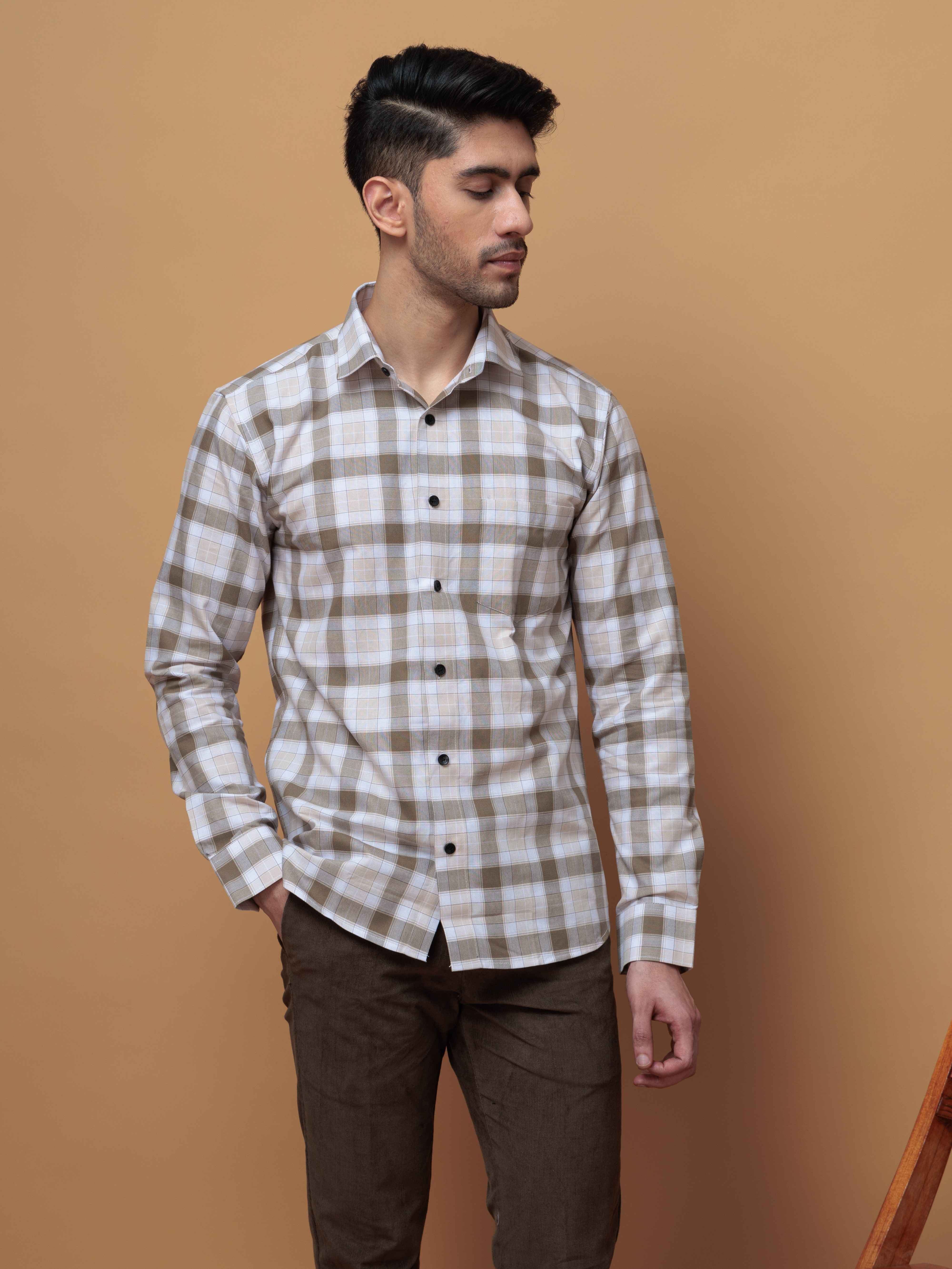 SQUARE WOOD CHECKED COTTON CASUAL SHIRT FOR MEN'S
