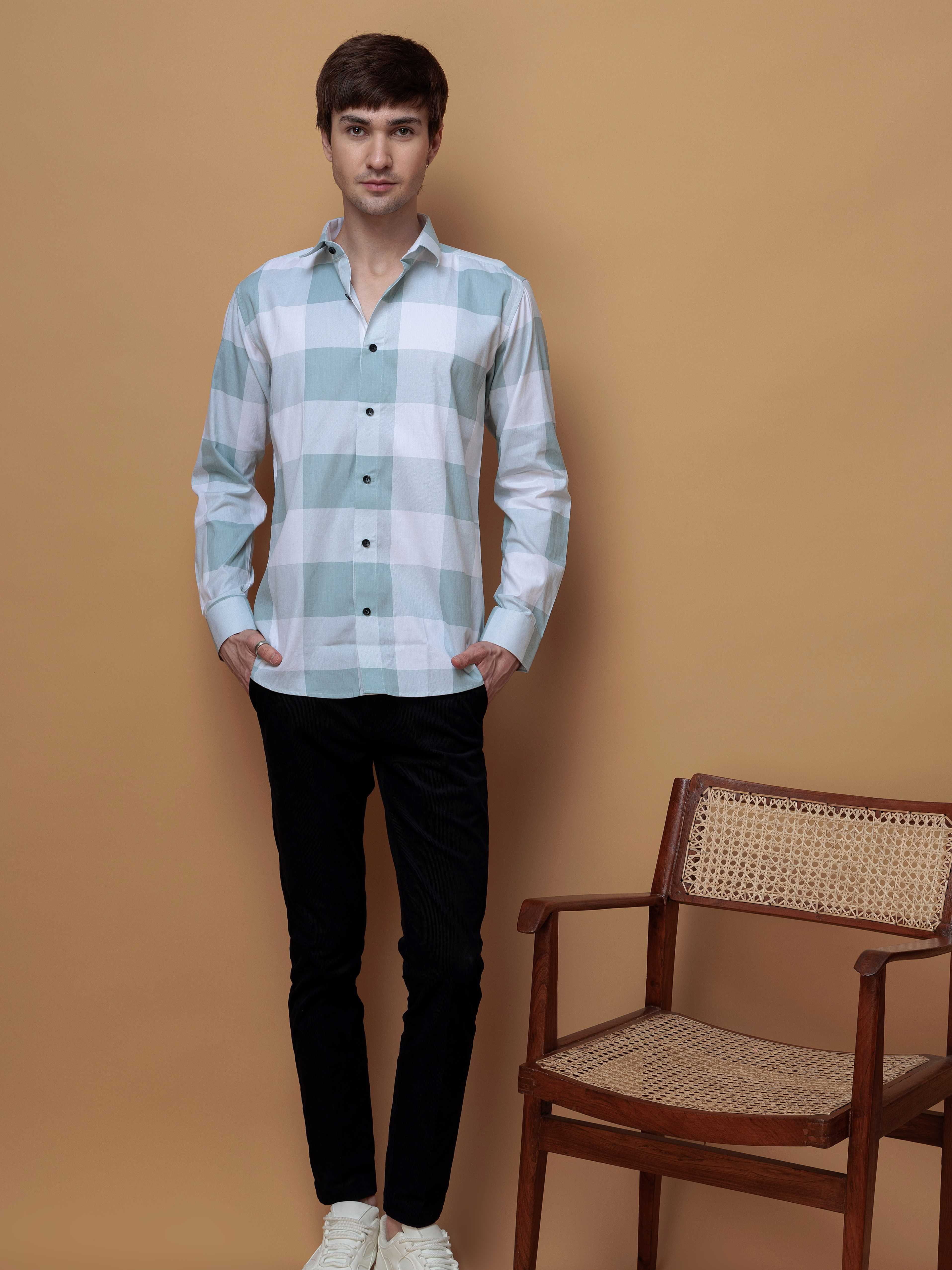 FOOMER GREEN CHECKS COTTON CASUAL SHIRT FOR MEN'S