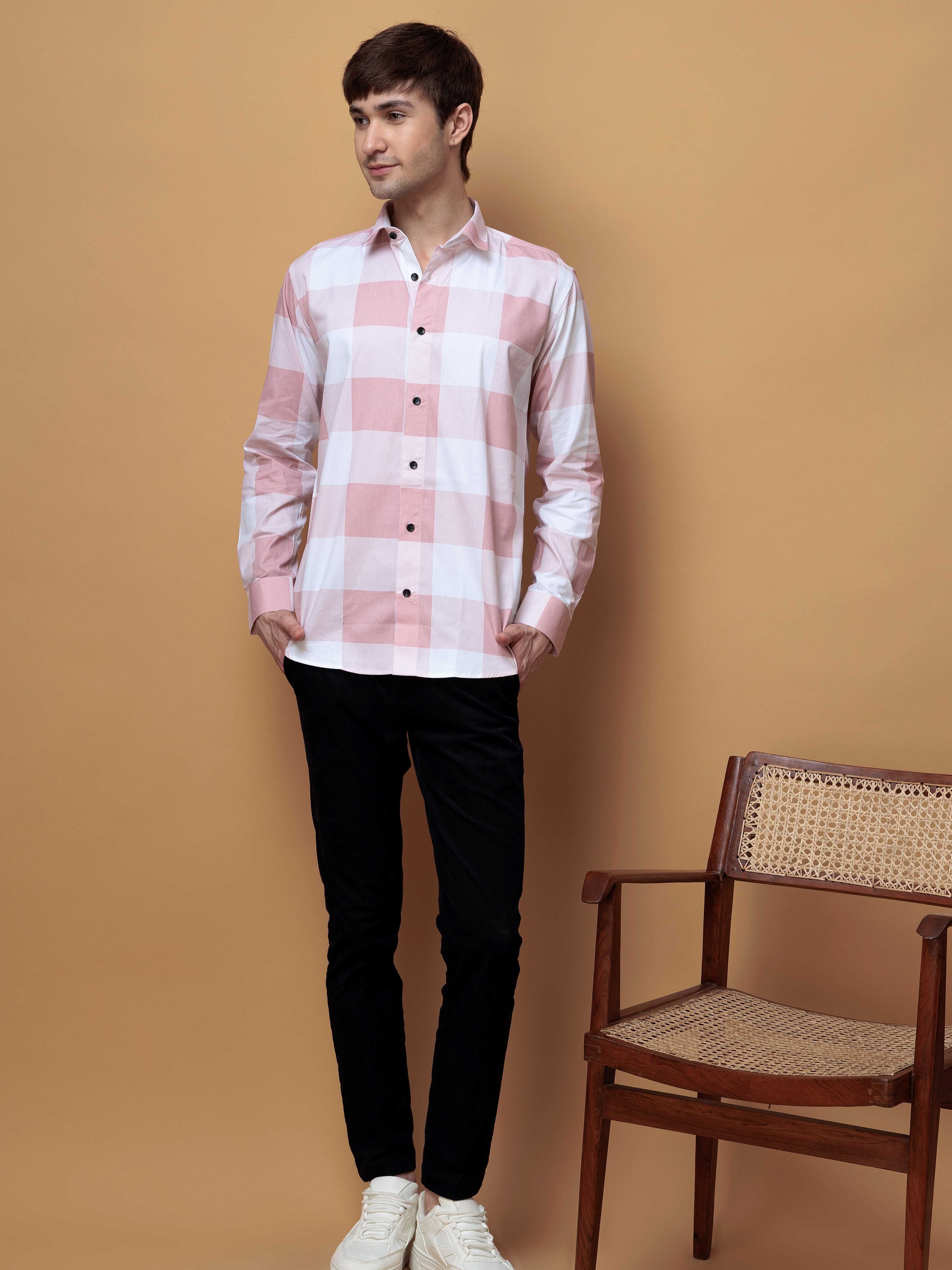 FOOMER SQUARE PEACH CHECKED COTTON CASUAL SHIRT FOR MEN'S